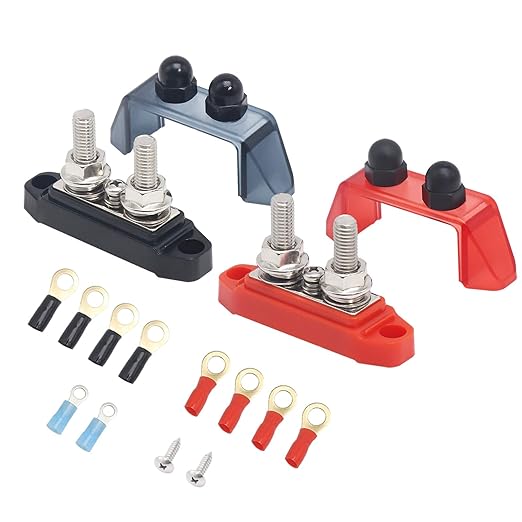 Recoil S2P-516 Busbar Dual 5/16” Studs and #8 Screw Terminal Power Distribution Block with Ring Terminals Pair Red & Black