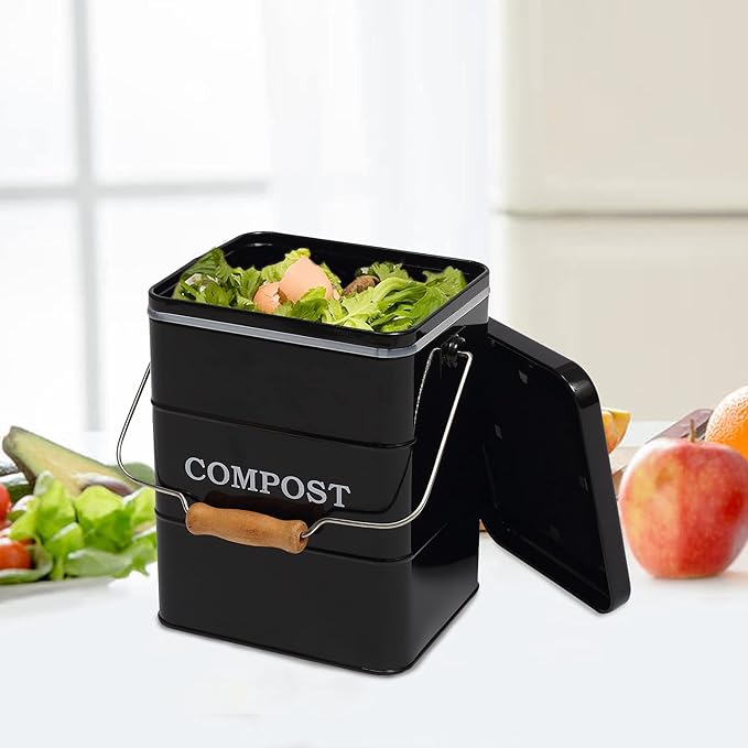 Compost Bin Kitchen Countertop Indoor Compost Pail Bucket, Great for Food Scraps, Carbon Steel, Handles, Black, 1 Gallon - Includes Charcoal Filter