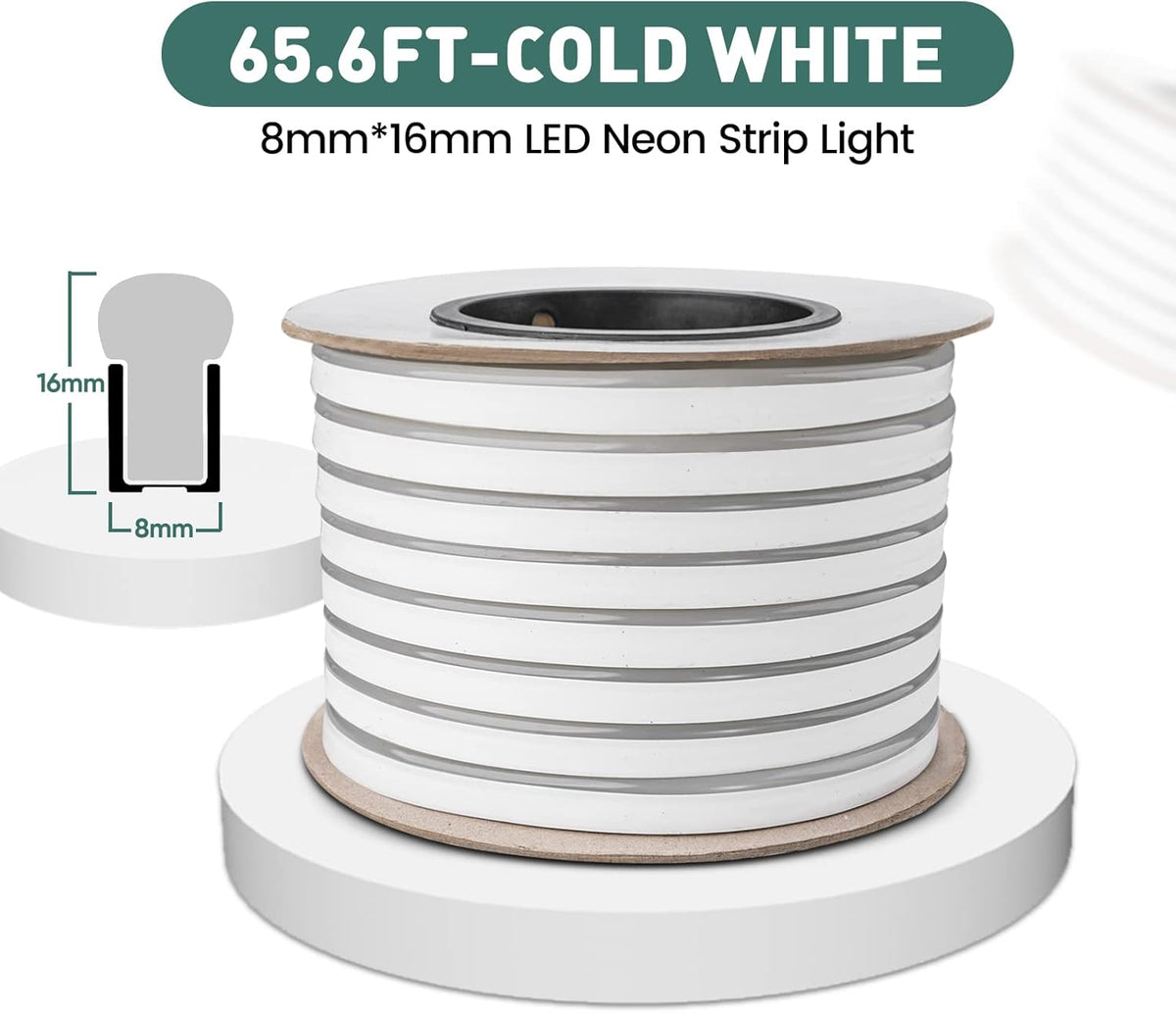 GZBtech Flexible LED Neon Rope Lights 66FT,AC 110-120V Waterproof Strip Light, 120 LEDs/M Cuttable Connectable Neon Lighting for Indoor Outdoor Home Decor/Commercial Building Use-Cold White 20M