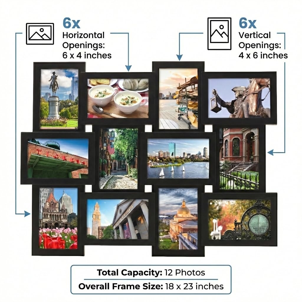MELANNCO Collage Picture Frame for Wall, Holds 12 Photos - Six 4x6 and Six 6x4 Images, 18x23 Inch Black Plastic Frame, Hang Horizontal or Vertical, Gallery Wall Decor