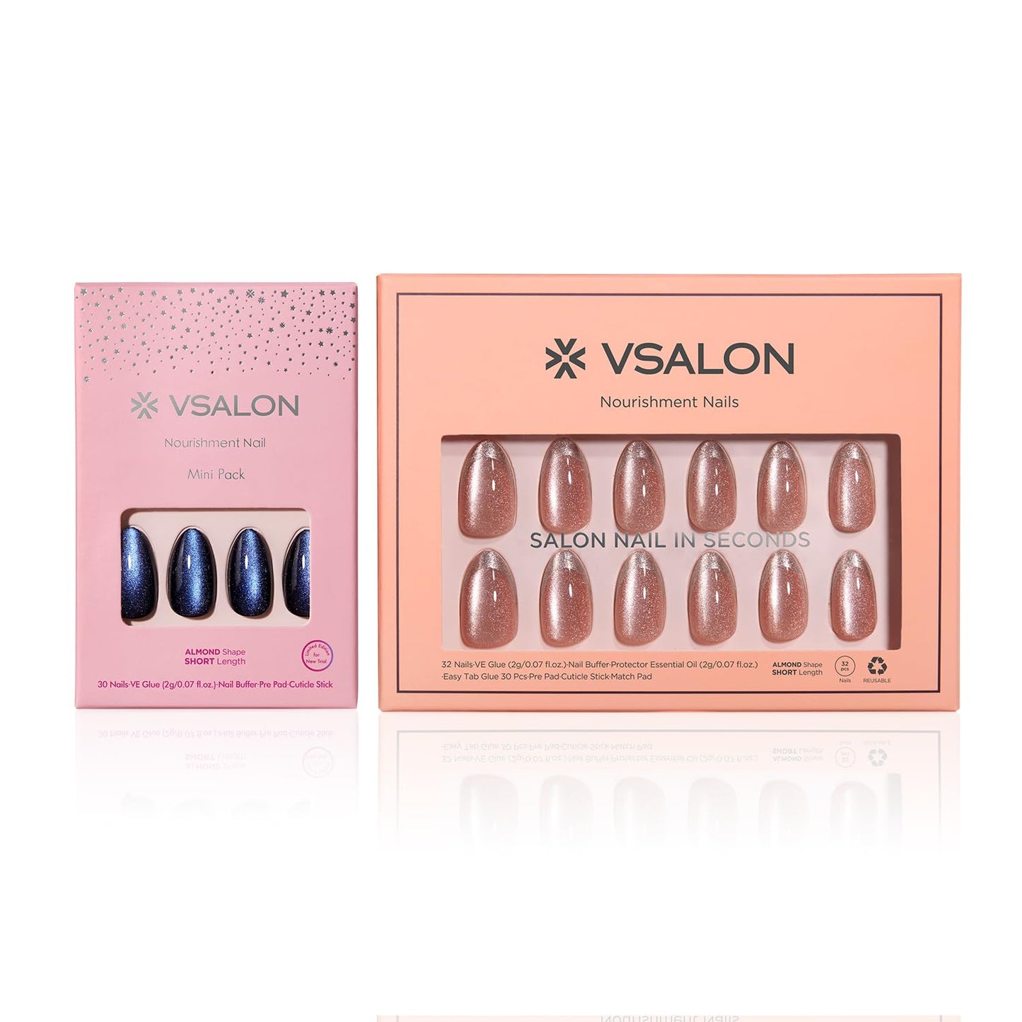 VSALON Cat Eye Press on Nails Short Almond- Deep Blue Cat Eye & Glitter Finish Cat Eye French Tip