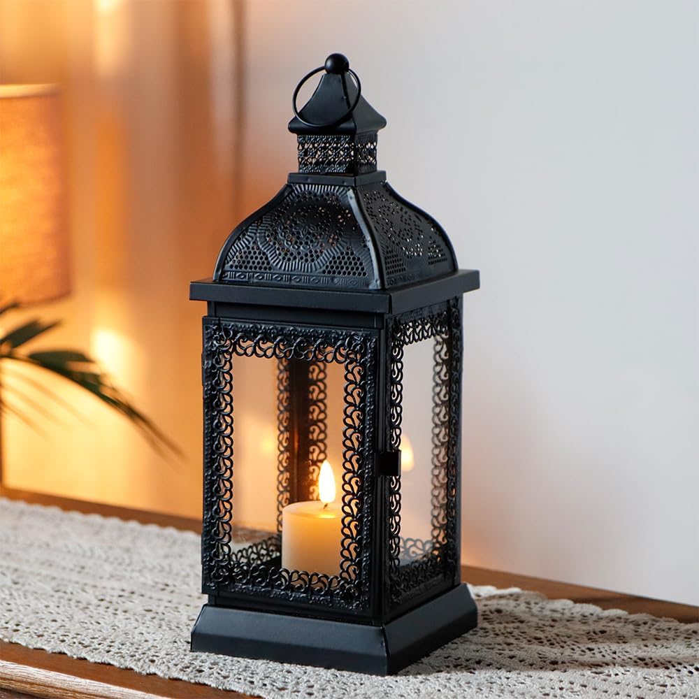 TRIROCKS Rustic Style Metal Candle Lantern 13'' High Decorative Outdoor Lantern Candle Holder with Tempered Glass for Christmas Living Room Garden Patio Parties Indoors Outdoors (Black)