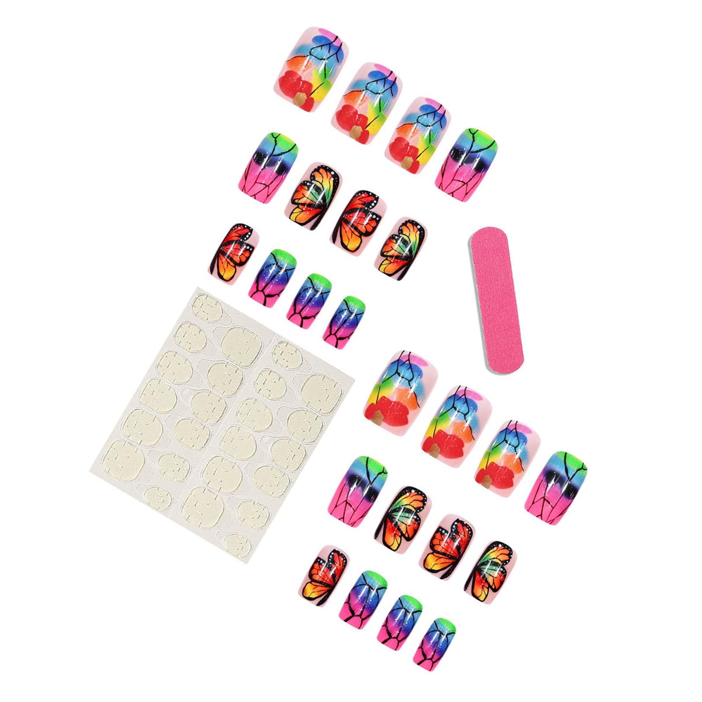 RUOKEXIN Fall Press on Nails Medium Length Fake Nails Square False Nails with Butterfly Designs Sparkly Artificial Nails Full Cover Nail Press ons for Women 24Pcs