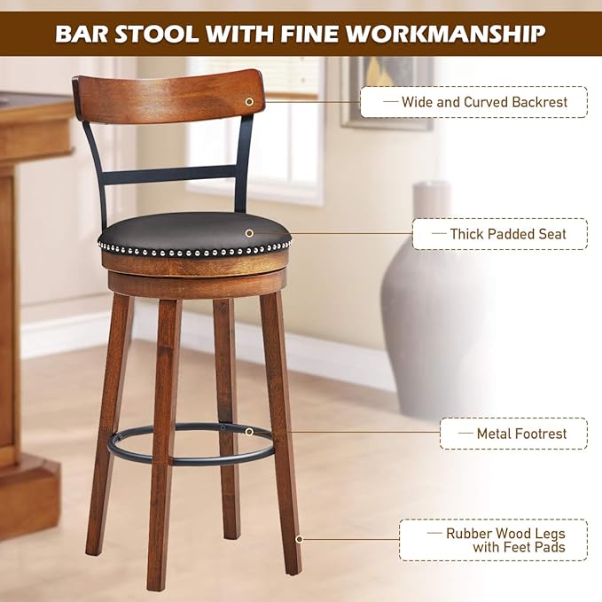 COSTWAY Bar Stools Set of 2, 360-Degree Swivel Stools with Leather Padded Seat, Single Slat Ladder Back & Solid Rubber Wood Legs, Bar Height Stools for Pub, Restaurant, Kitchen, Brown (2, 30.5)