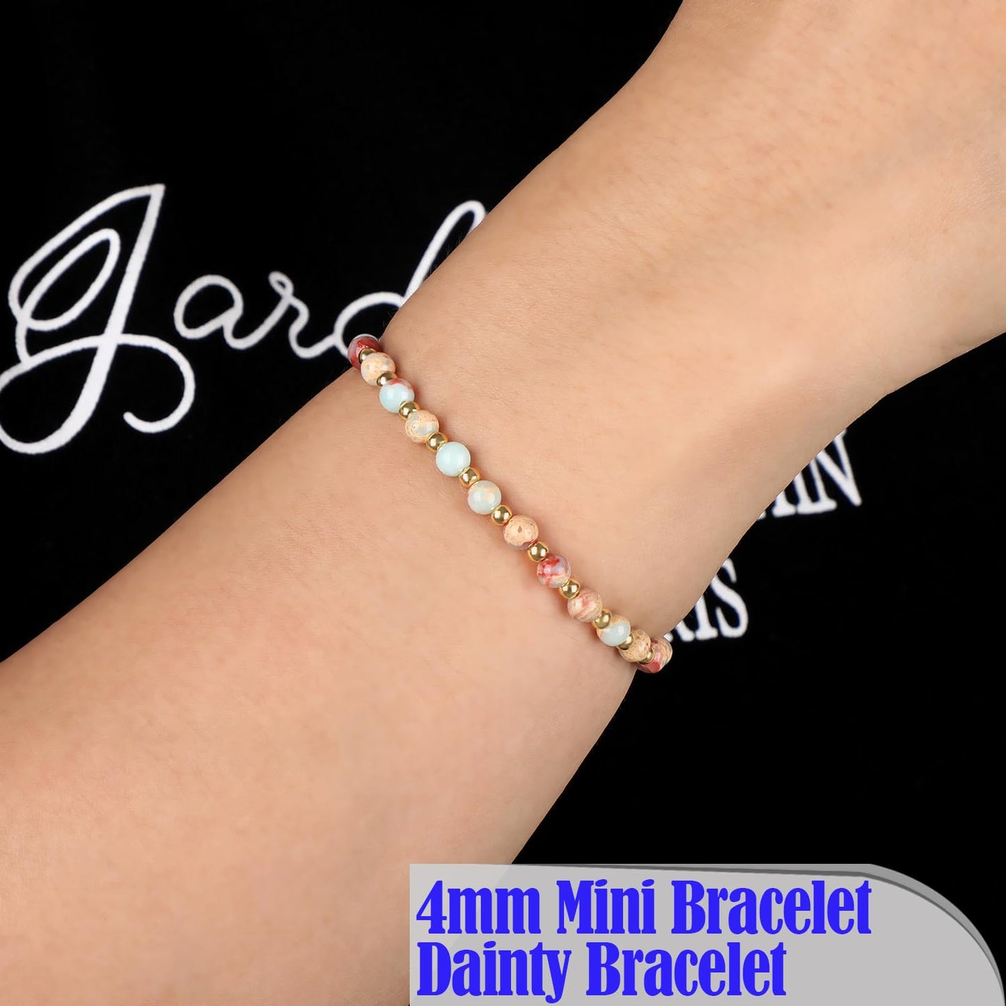 QOGIR Imperial Jasper - Stone of Success - 14K Gold Plated Beads Natural Gemstone Stretch Elastic Dainty Healing Beaded Bracelets Gifts 4mm