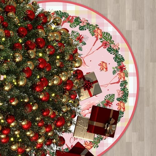 Christmas Tree Skirt in Flamingo, 48-inch Beach Christmas Tree Skirt, Flamingo Christmas Party Decorations, Festive Holiday Party Decorations
