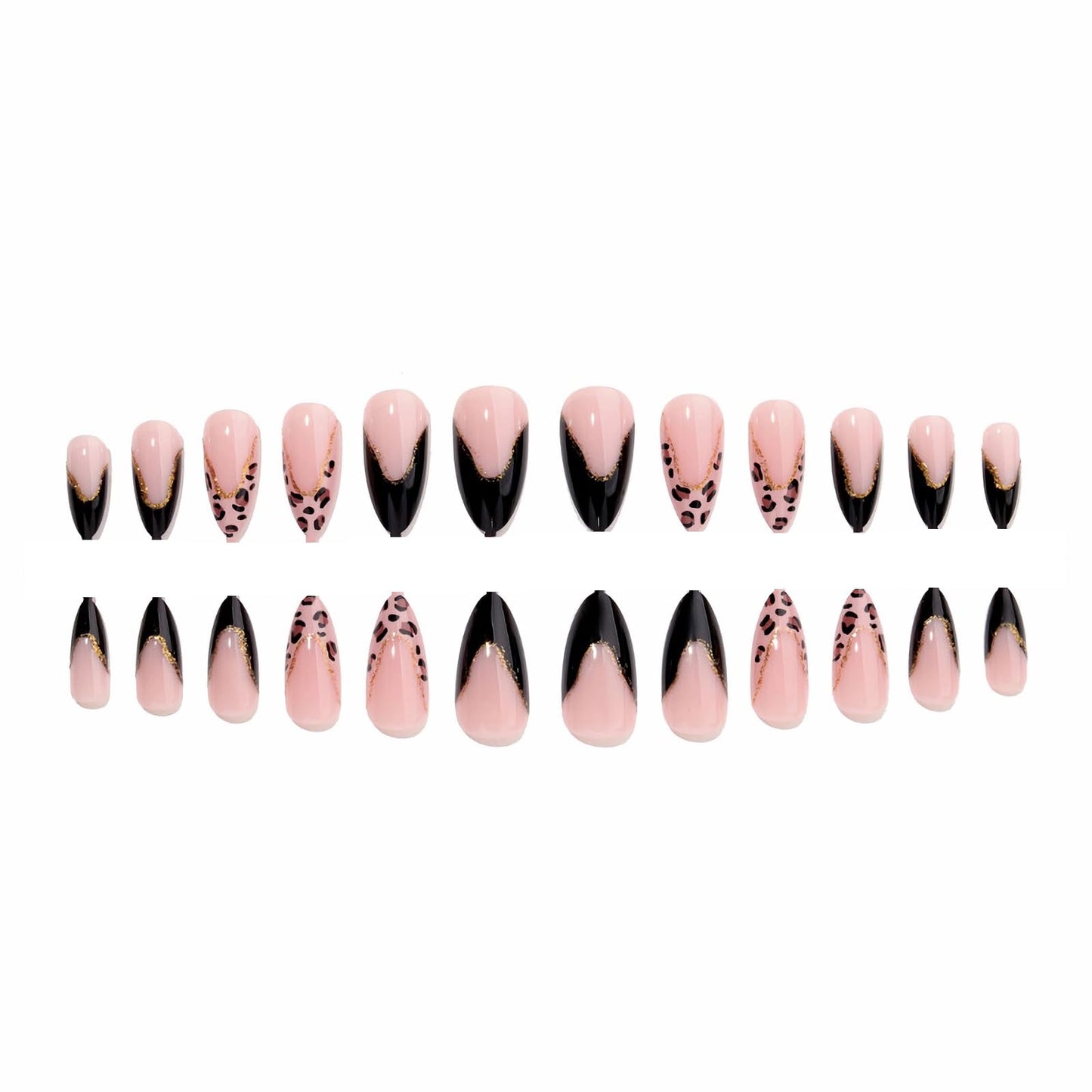 MERVF Almond Press on Nails Medium, Black French Tip Fake Nails Stiletto Leopard Animal Print Glue ons Gold Lines Glitter Design Acrylic Nail Manicure 24pcs Glossy
