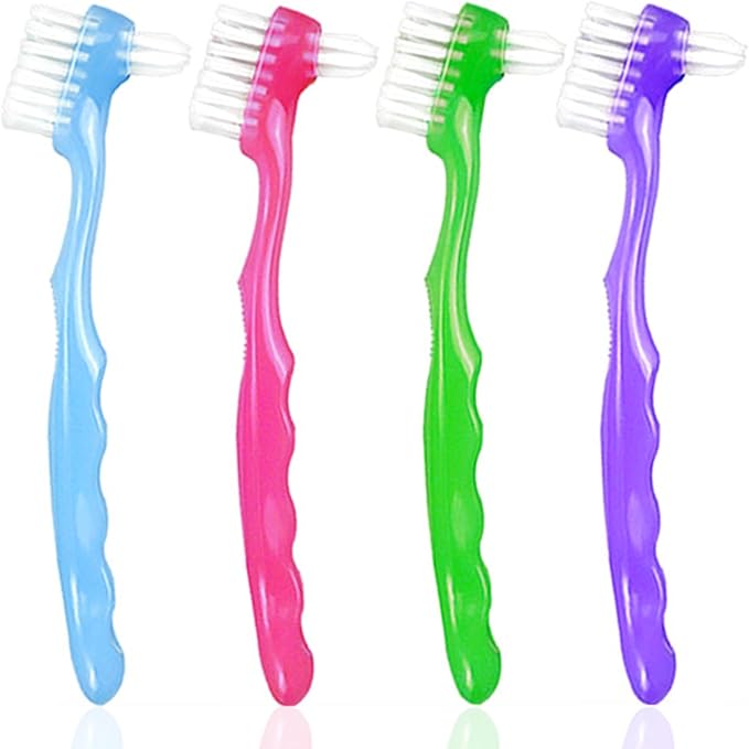 4 Pieces Denture Brush, Small Toothbrush for Dentures, Multi-Layered Bristles Ergonomic Rubber Handle for False Teeth Cleaning