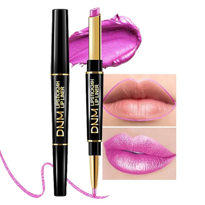 evpct 1Pcs Pink Metallic Shine Shimmer Lip Liner and Lipstick Combo Set Kit for Women, Lightweight Hydrating Formula High Impact Full Coverage Lipstick and Lip Liner Makeup Stains Gloss, 19#