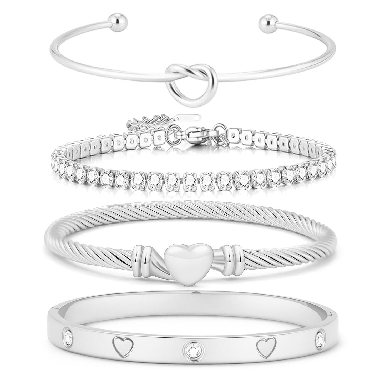 FAFUGA 18 K Silver Plated Love Bangle Bracelet Stack Cuff Jewelry for Women Jewelry Set for Women Gift with Box (style12)