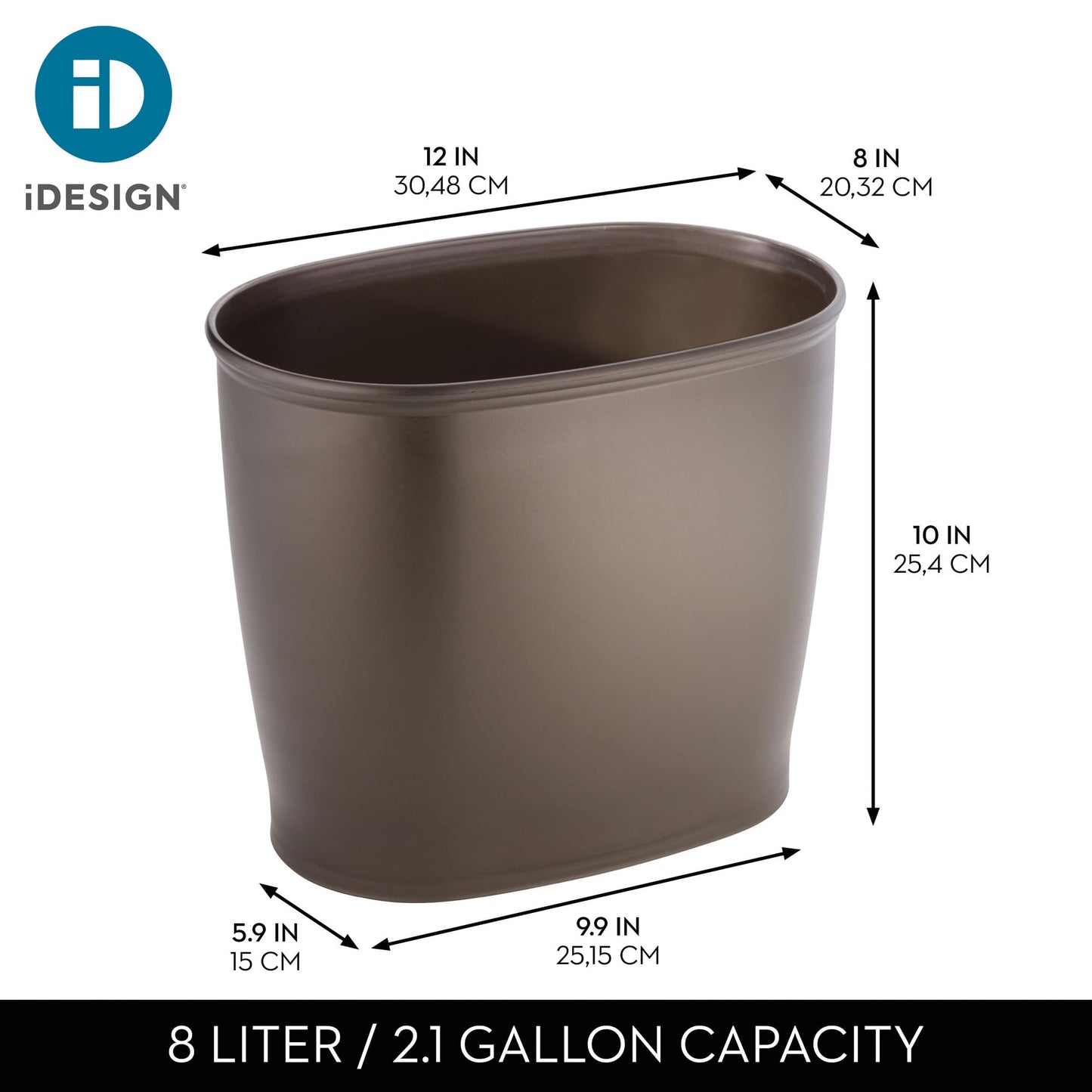 iDesign Slim Plastic Bathroom Trash Can, Small Garbage Bin for Bedroom, Office, Desk, Dorm, Bronze