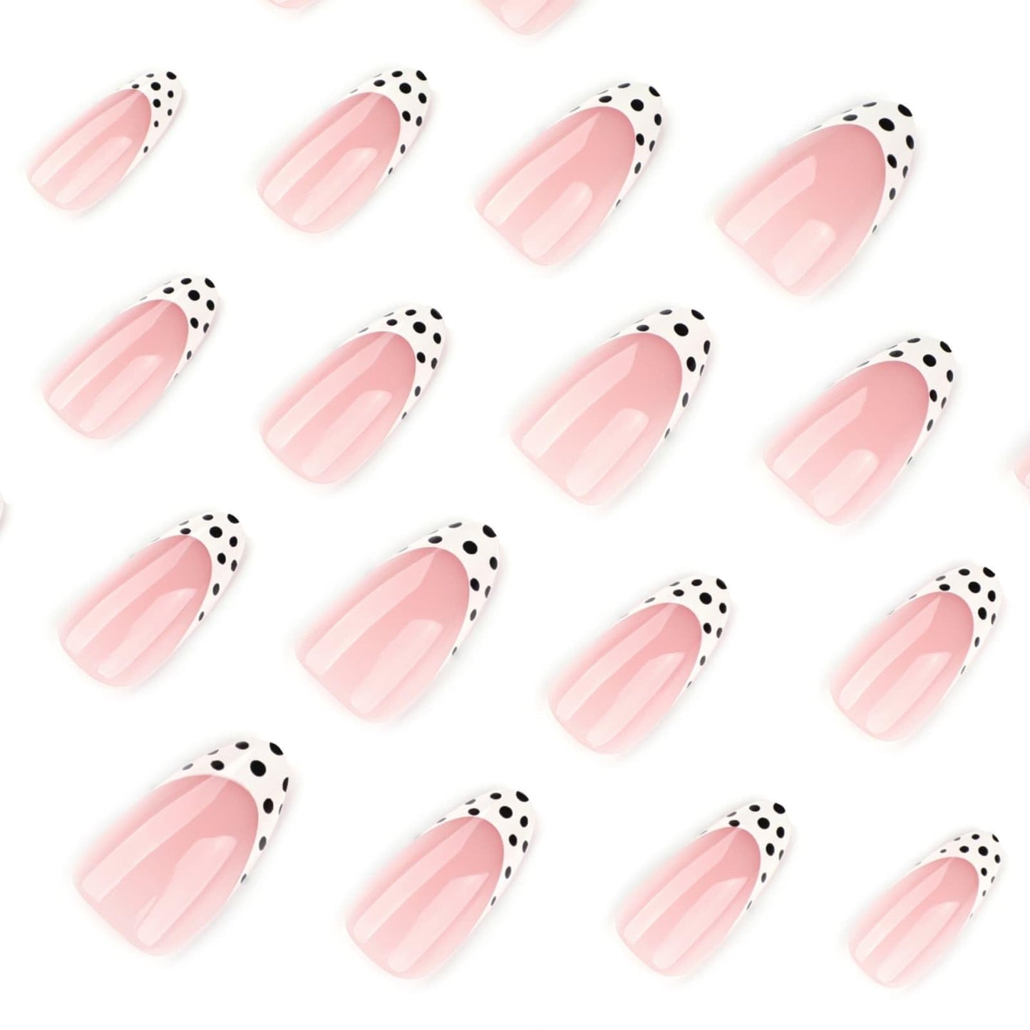 Polka Dot Press On Nails Medium Almond Fake Nails Nude Pink French Tips with Black & White Polka Dot Design Glossy Glue on Nails Reusable Artificial Nail Full Cover Sticker on Nails for Women 24 Pcs