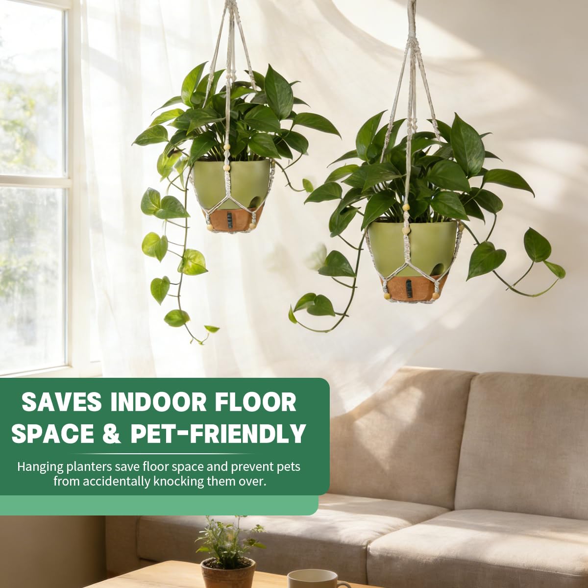 YUNLINGAA Self-Watering Hanging Planters for Indoor Plants Set 2-Piece Includes Plant Hanging Pot, Drainage-Hole Hanging Pot, and Hanging Basket Rack (10 Inches, Green)