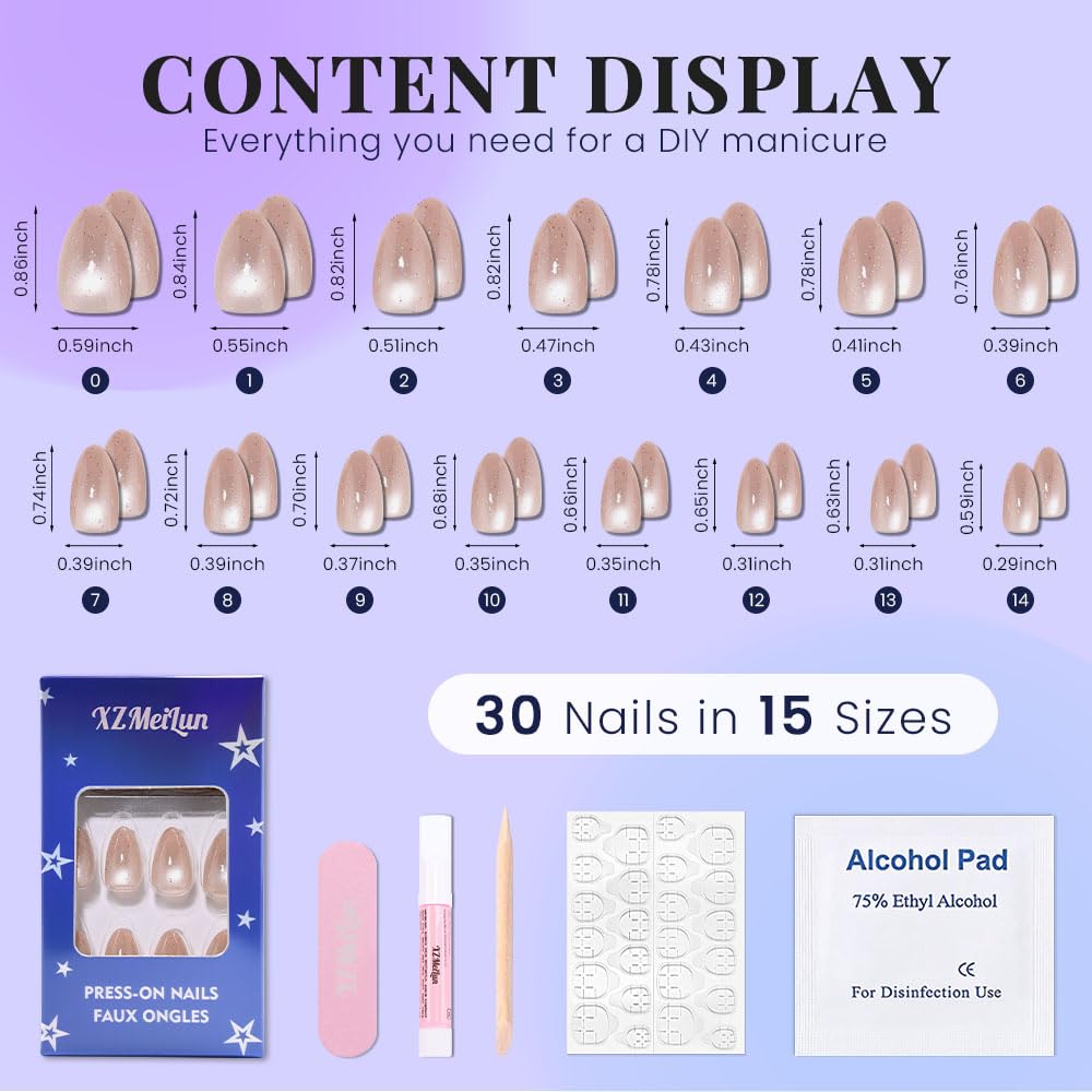 XZMeiLun Light Brown Press On Nails Short Oval Cute Shimmer Acrylic Fake Nails, Jelly Glossy Full Cover Glue on Nail For Reusable Fall Artificial Stick on Nails for Salon Quality Nail Women 24 Pcs