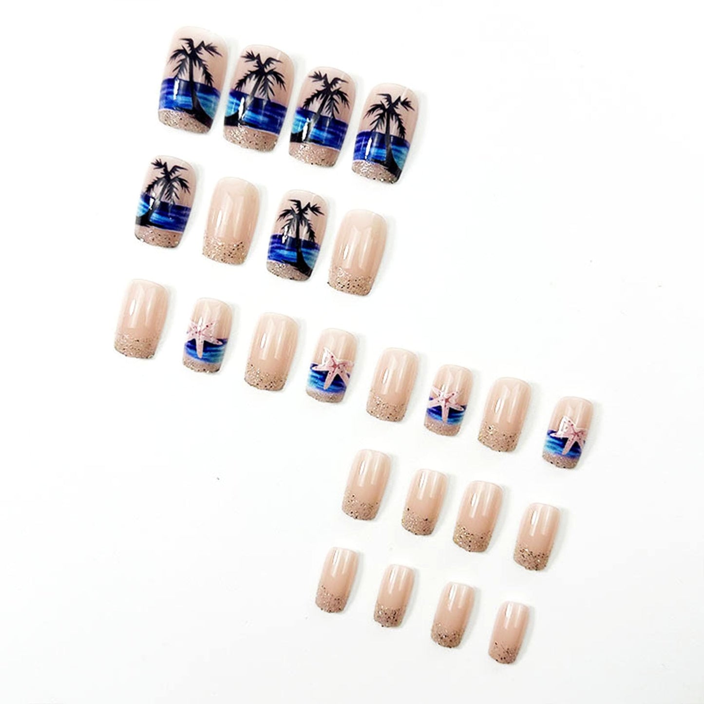 Summer Press on Nails Medium Square Fake Nails with Black Coconut Trees Stars Golden Glitter Designs Glossy Nails Press ons Nude Glue on Nails Acrylic Artificial Stick on Nails for Women 24Pcs