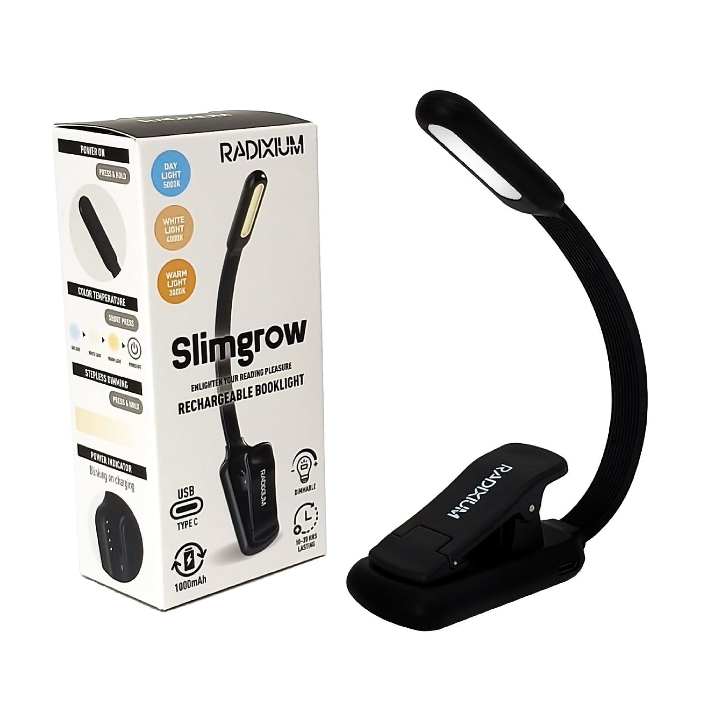 RADIXIUM Rechargeable Book Light for Reading - 9LED Eye-Caring Clip Light w/ 9 Color Temp, Stepless Dimming, 50H Battery, USB-C, Ultra Slim - Gift for Book Lovers (Black)