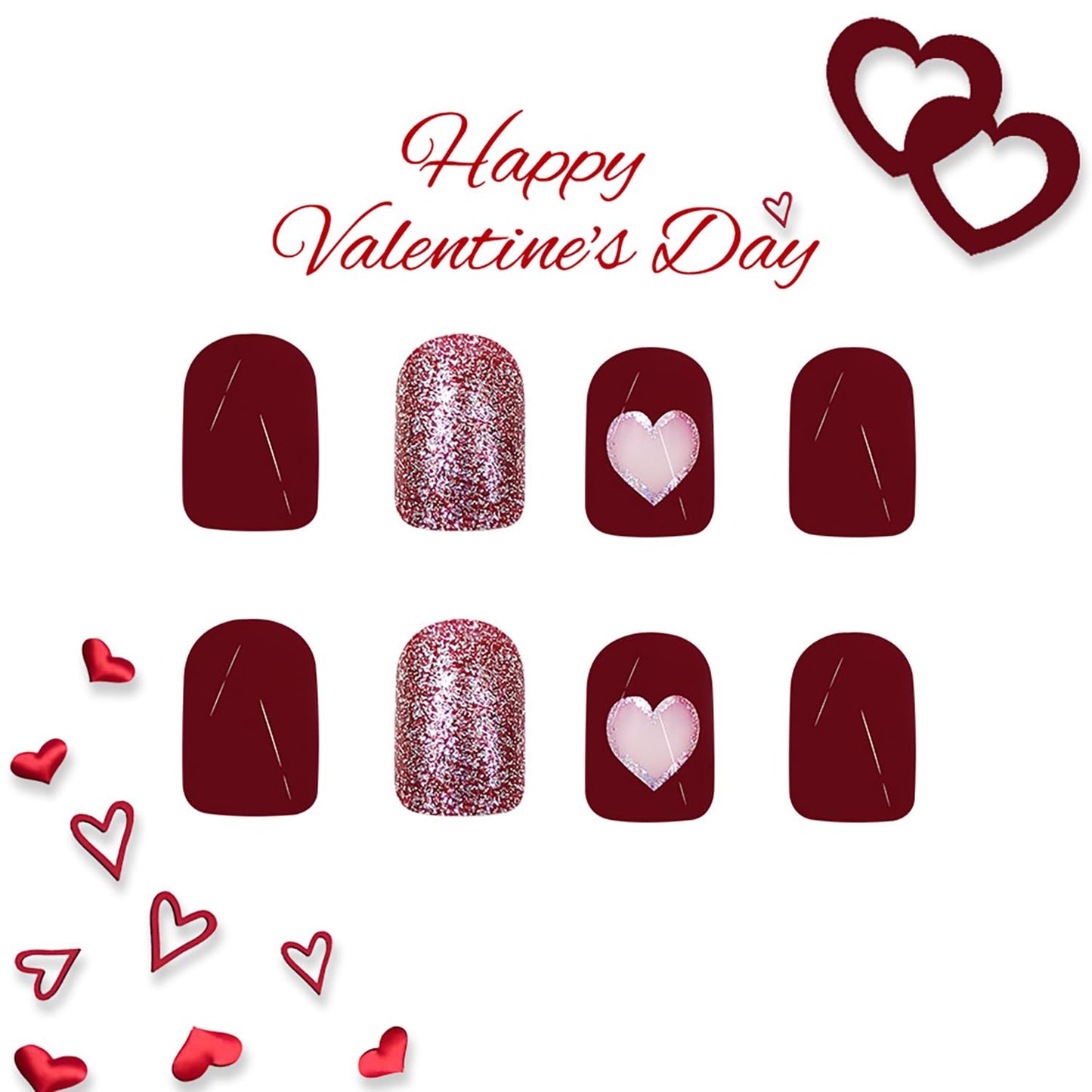 Wine Red Love Heart Valentine's Fake Nails Glitter Powder Design Full Cover Coffin Nails Glossy Press on Nails Short Square Artificial Nails Valentines Charm Stick on Nails for Women 24Pcs