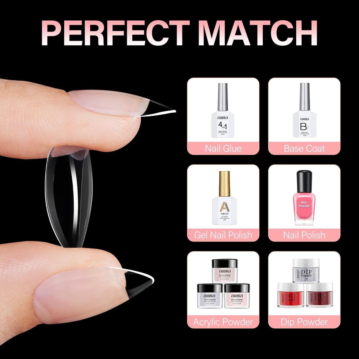 AILLSA Short Almond Nail Tips, 15 Sizes 240PCS Preshaped Soft Clear Gel Nails Tips Full Cover False Nails Tip Short Almond Shaped Tips