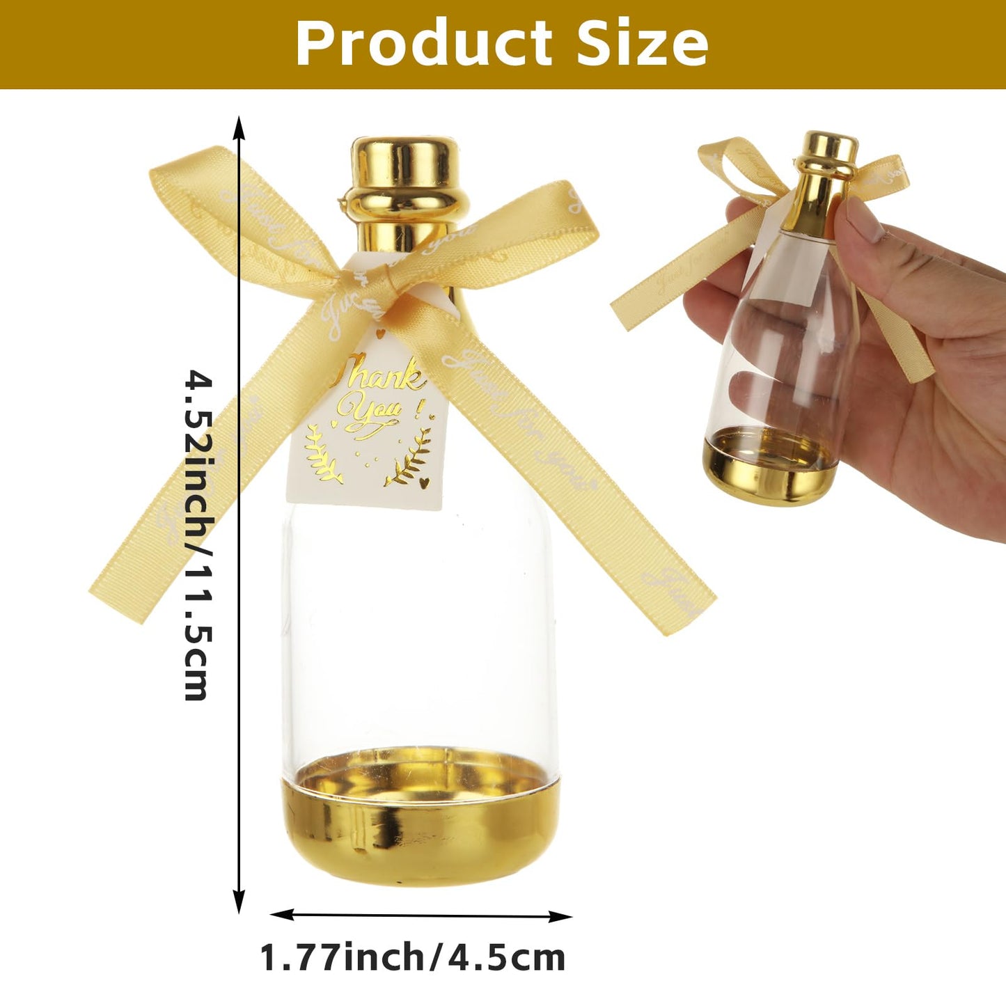 LOLYSIC 36PCS Mini Champagne Bottle Candy Container Shaped Jars Gold Plastic DIY Favor Candy Bottle Wedding Party Favor Containers, Comes with Card and Bow Ribbon