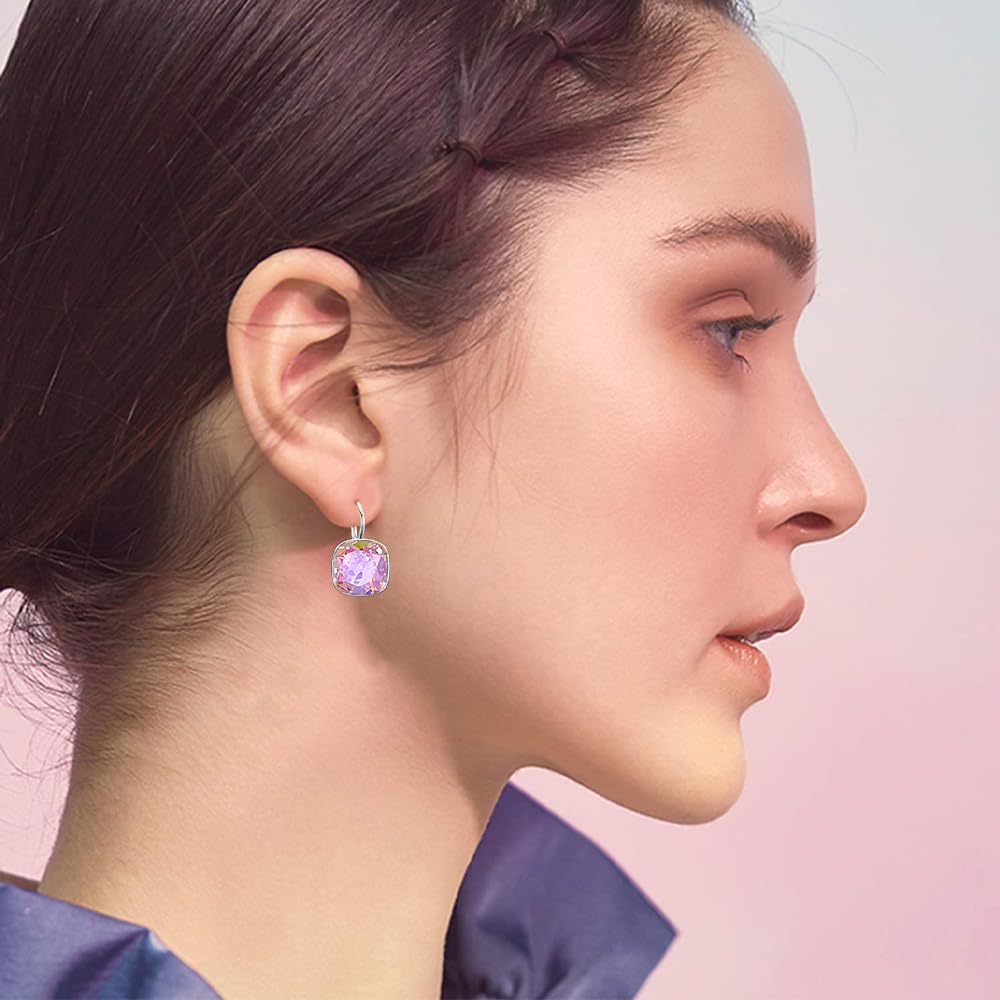 AOBOCO Sterling Silver Leverback Earrings Embellished with Crystals from Austria, Hypoallergenic Cushion Cut Square Crystal Earrings, Fine Anniversary Birthday Jewelry Gifts for Women (Fantasy Pink-10mm)