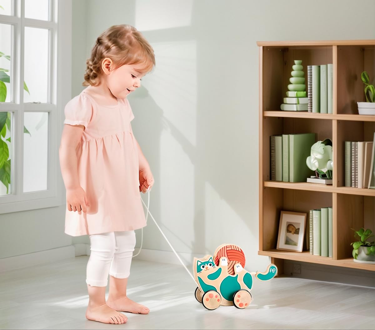 Hape Wooden Walk-A-Long Kitten Pull Toy| Roll & Rattle Push Pull Toy for Toddler| Montessori Toys for Walking Toddlers, Green