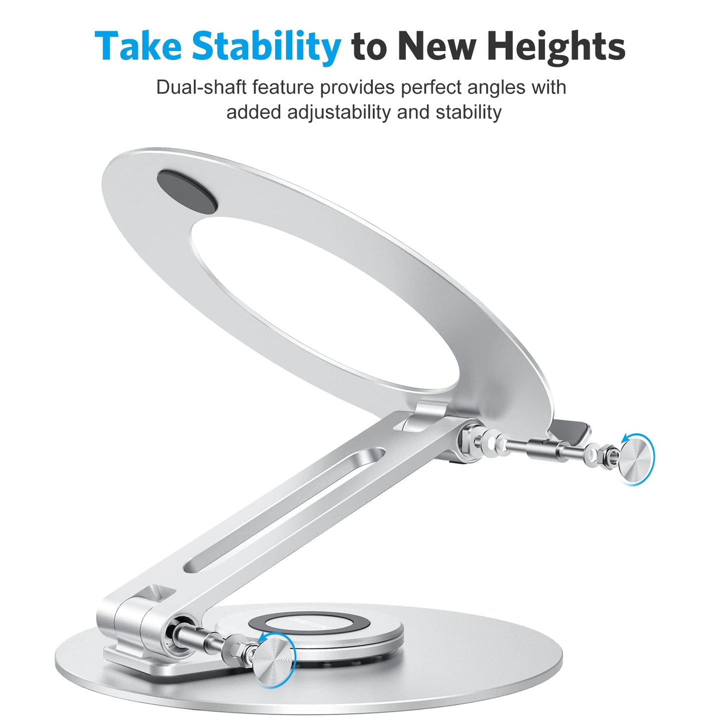 OMOTON Adjustable Laptop Stand with 360 Rotating Base, Ergonomic Laptop Riser for Collaborative Work, Dual Rotary Shaft Fully Foldable for Easy Storage, Fits All Laptops up to 16 inches, Silver