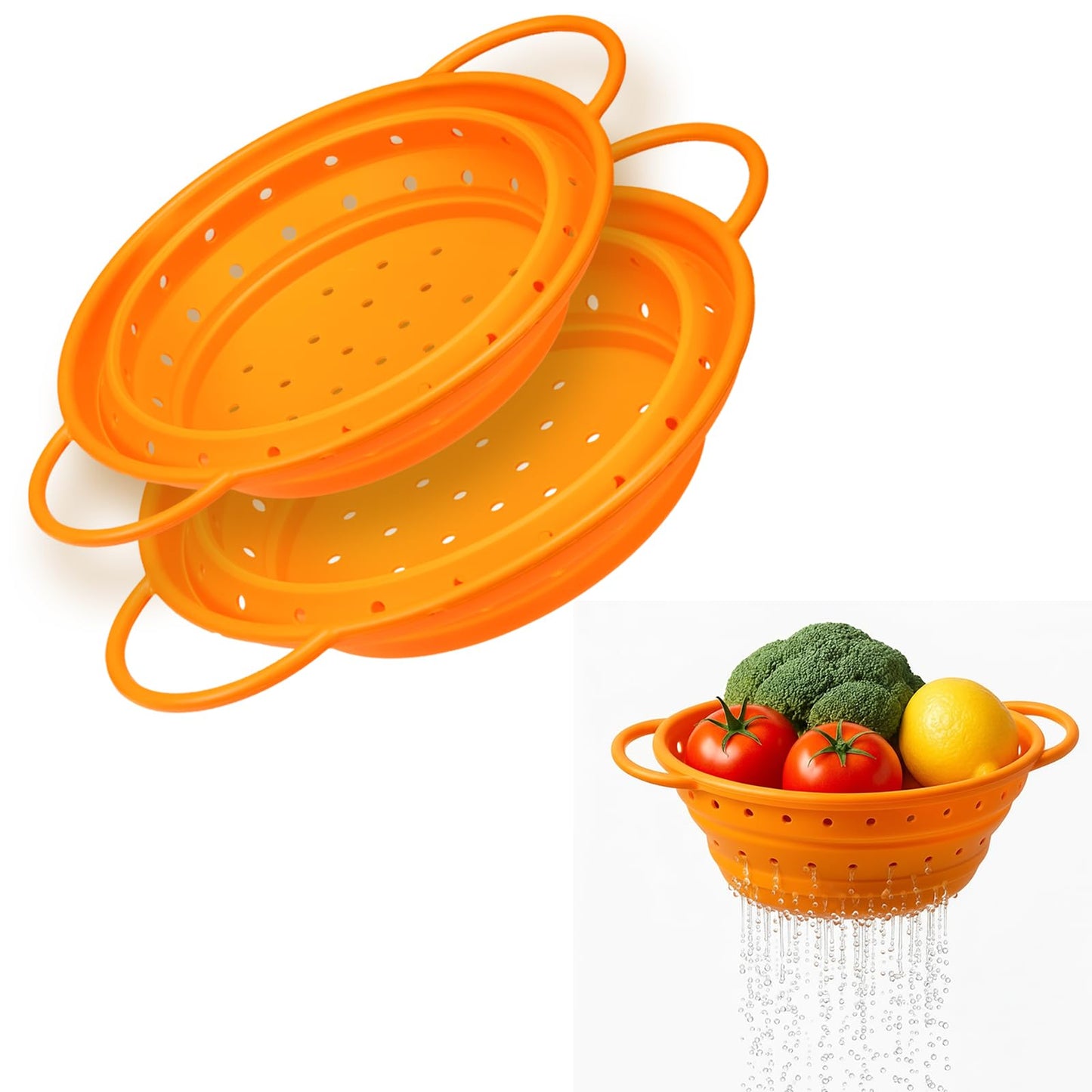 2 Pack Strainers and Colanders, Silicone Collapsible Sink Collander, Strainers and Colanders for Kitchen, Large Drainer for Vegetable, Food, Pasta (Orange)
