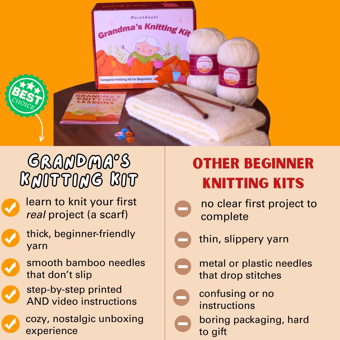 MaconGoods Grandma's Knitting Kit - Complete Knitting Kit for Beginners - Includes Beginner Yarn, Bamboo Needles, Video Tutorial, and Written Guide & More - Easy Learn to Knit Kit