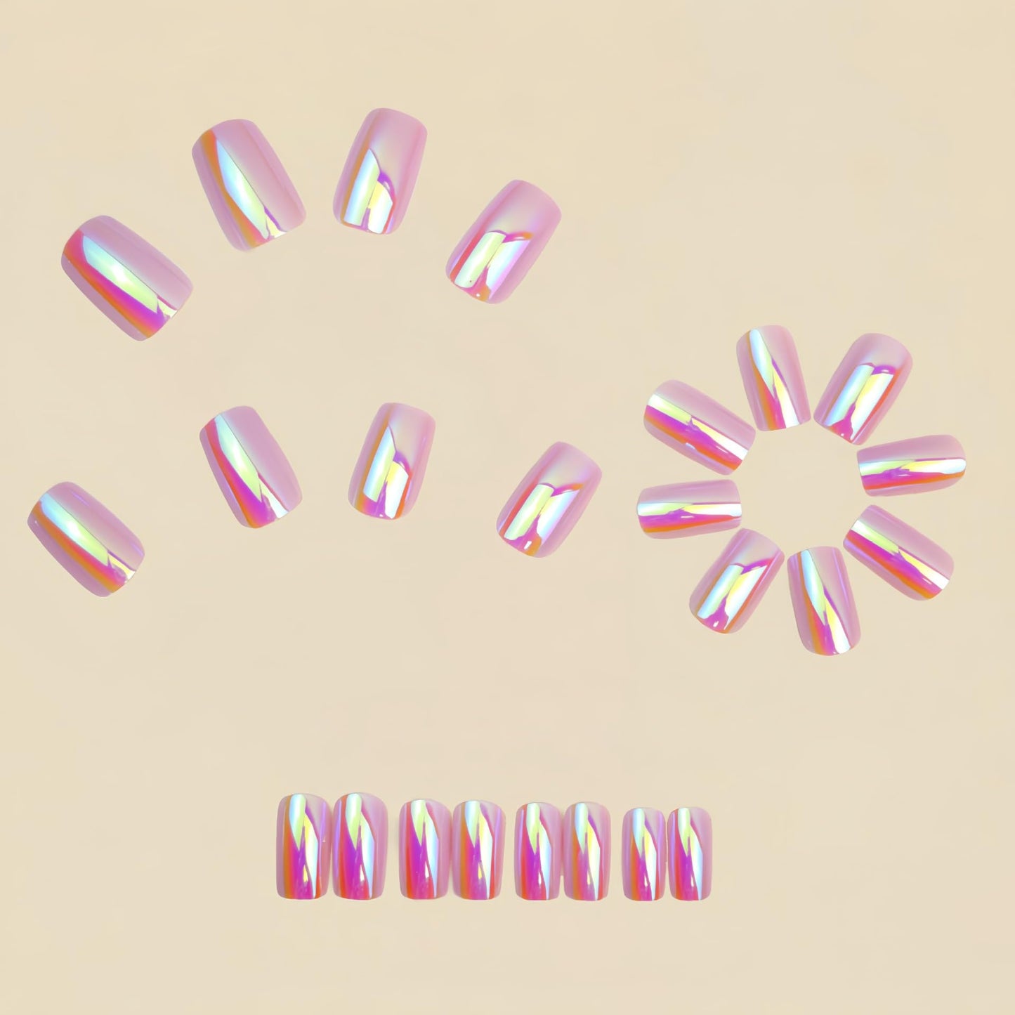 Chrome Press on Nails Medium Square Fake Nails Press ons with Glossy Holographic Gradient Acrylic Nails Metal Chrome False Nails Shiny Full Cover Glue on Nail for Women Manicure 24Pcs