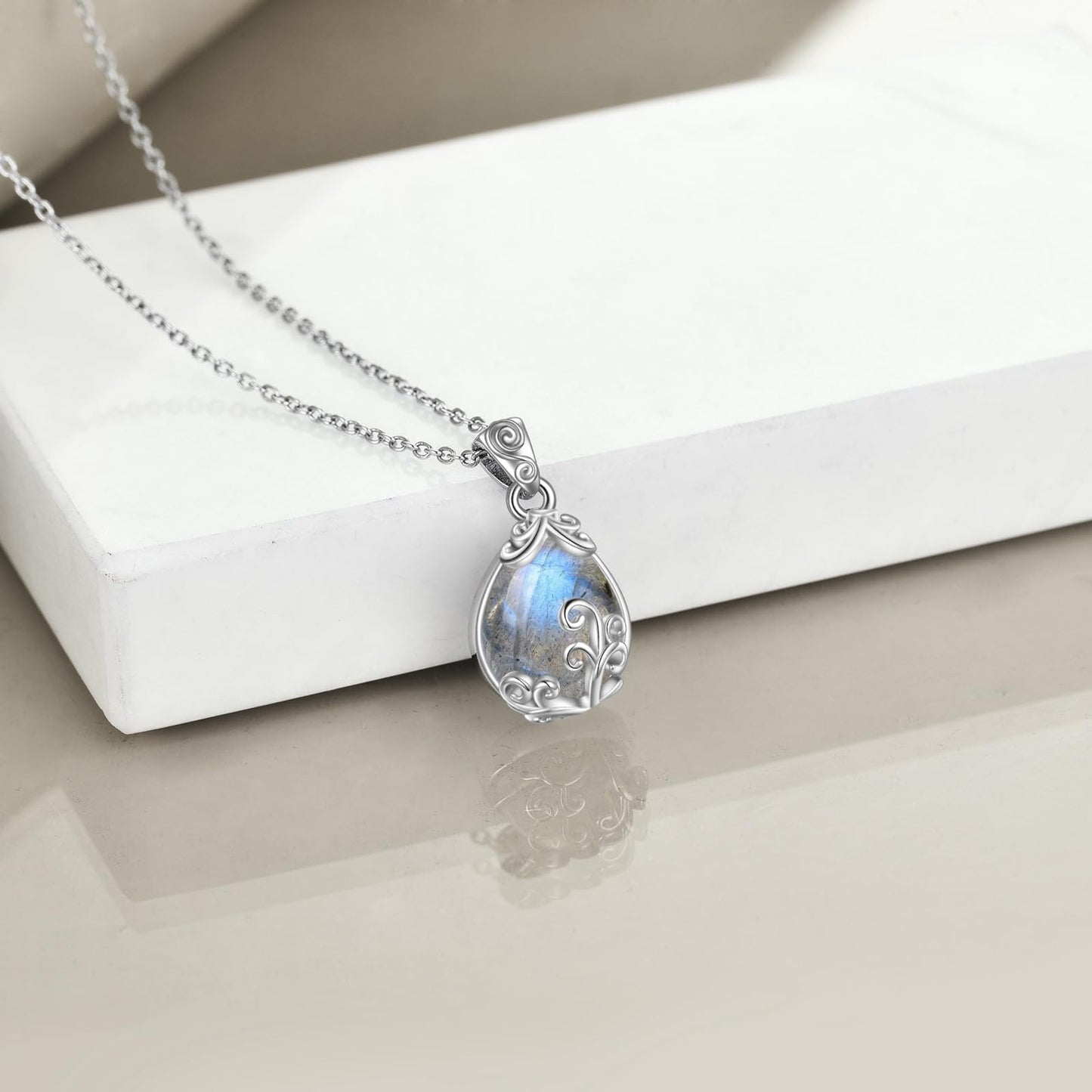 POPLYKE Sterling Silver Labradorite Filigree Teardrop Pendant Necklace Gemstone Crystal Jewelry for Women