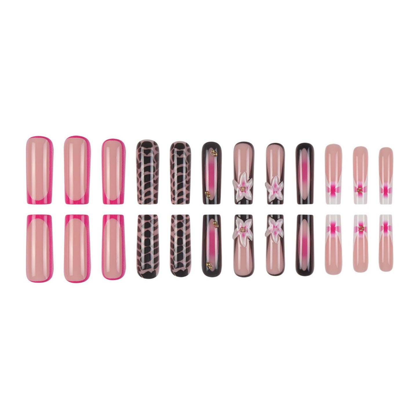 Press on Nails Pink Long Square with Flowers Stick on Nail 24pcs