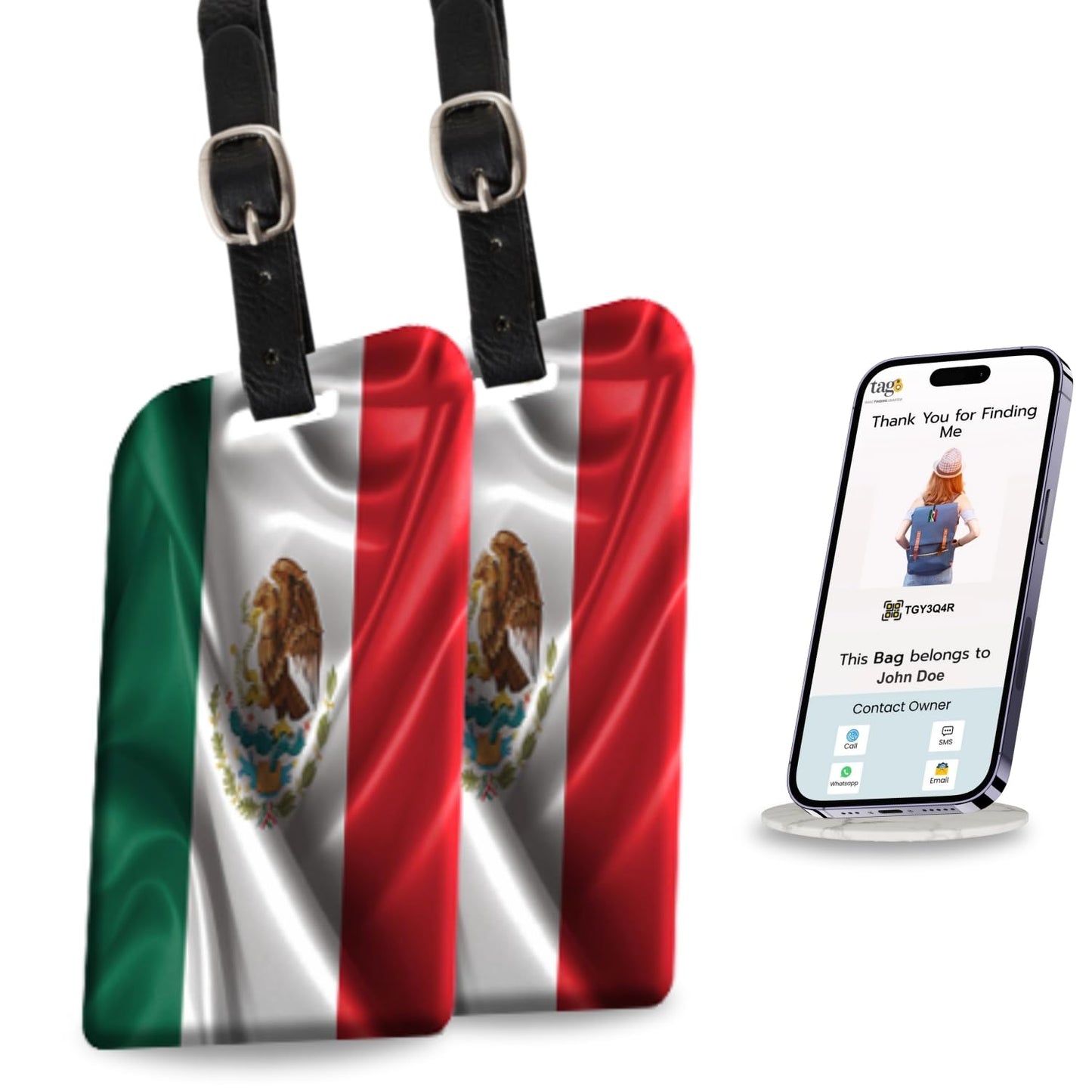 [Pack 2] tag8 Mexico Flag Tag Smart Bag tag |Trendy Luggage tag ID Identification | Suitcase Tag | Fashionable Digital Name tag | Airline Compliant, SITA World Tracer Code Enabled | Gift idea