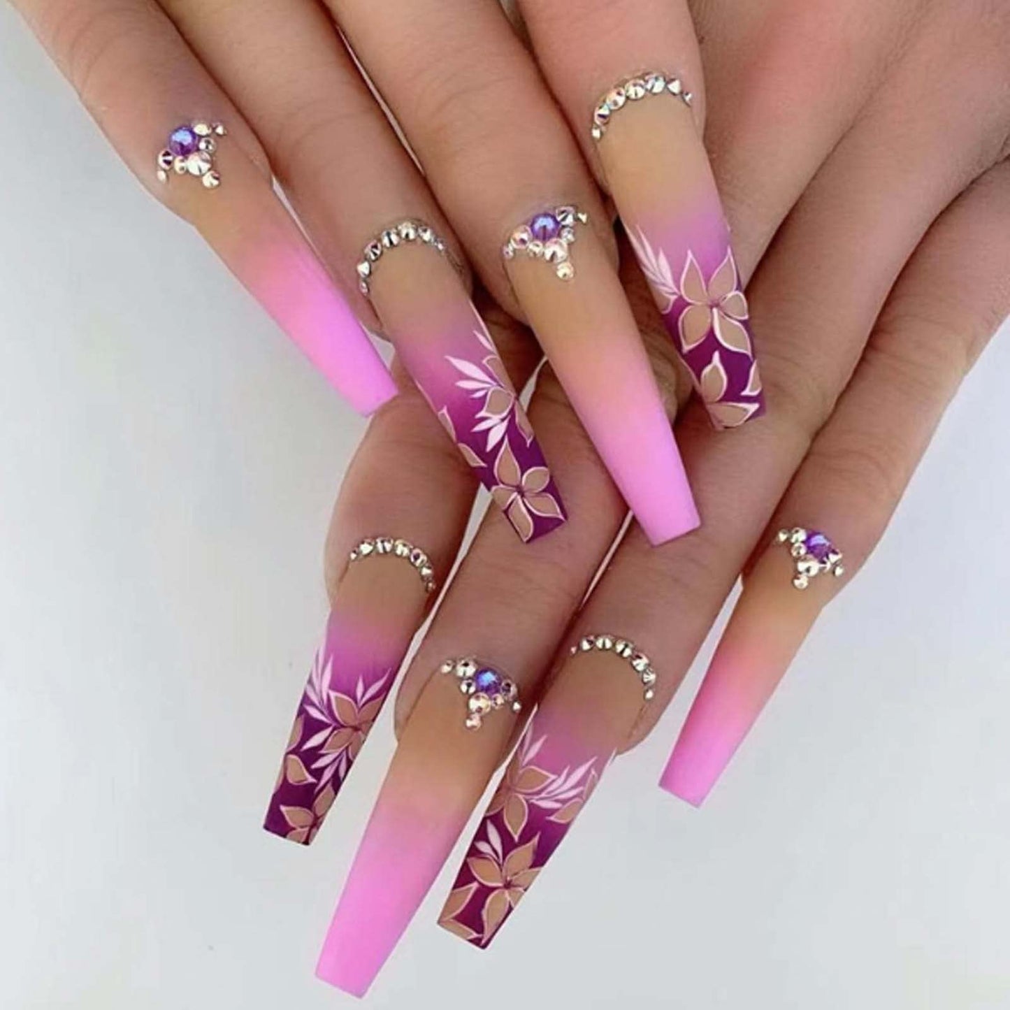 DANMANR Coffin Press on Nails Pink Full Cover Flower Acrylic Gradient Fake Nails Long False Nails for Women and Girls 24PCS