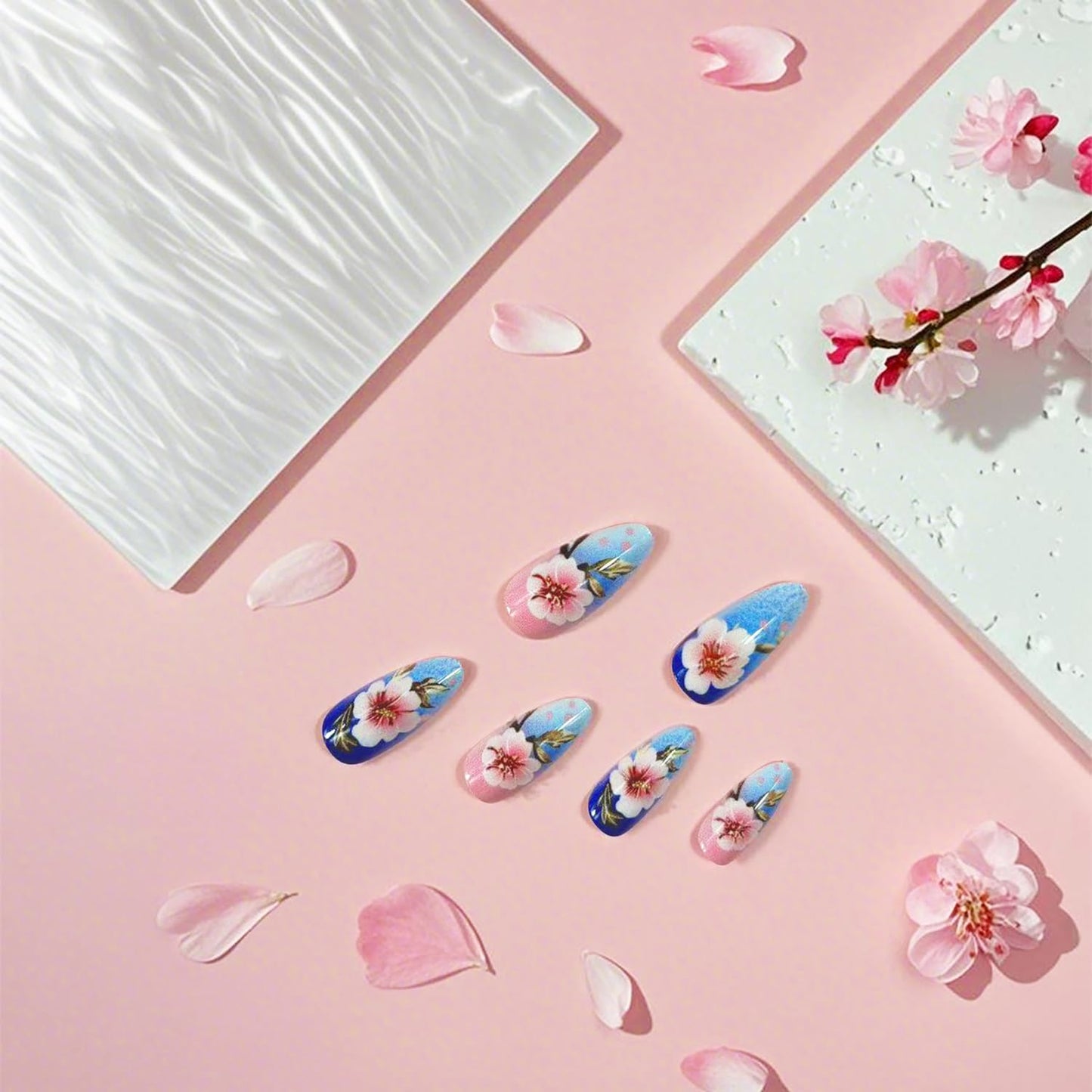 TBRZTR Flower Press on Nails Medium Almond Shaped Pink Floral Pattern Design Spring Summer Fake Nail Full Cover Glossy Acrylic Artificial Fingernails Reusable Blue Glue on Nails for Women 24Pcs
