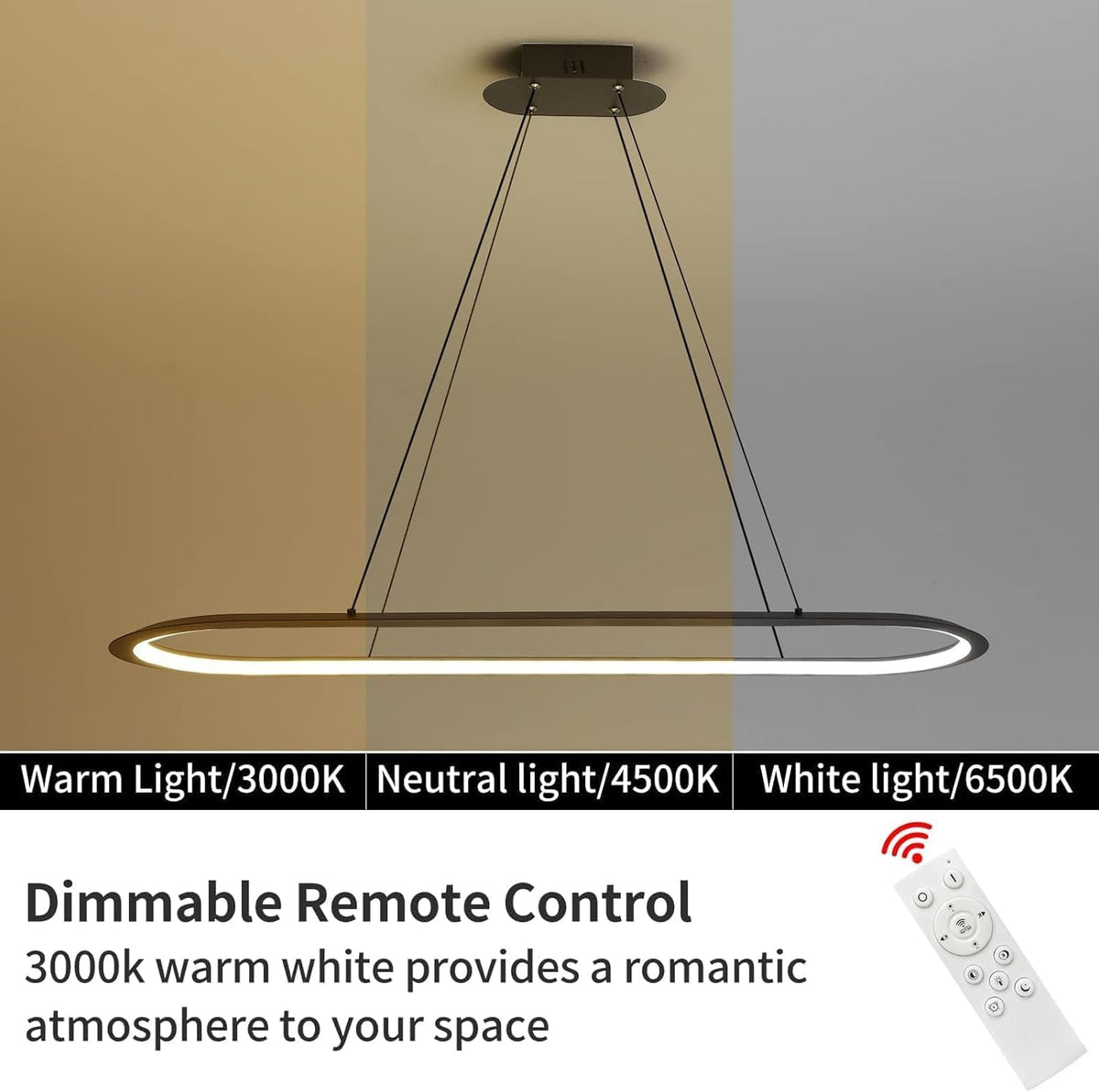 Island Lights, Linear Pendant Light LED Dimmable Hanging Light Fixture, 3000K-6500K with Remote Control,Chandeliers for Dining Room(Black,39.3IN)