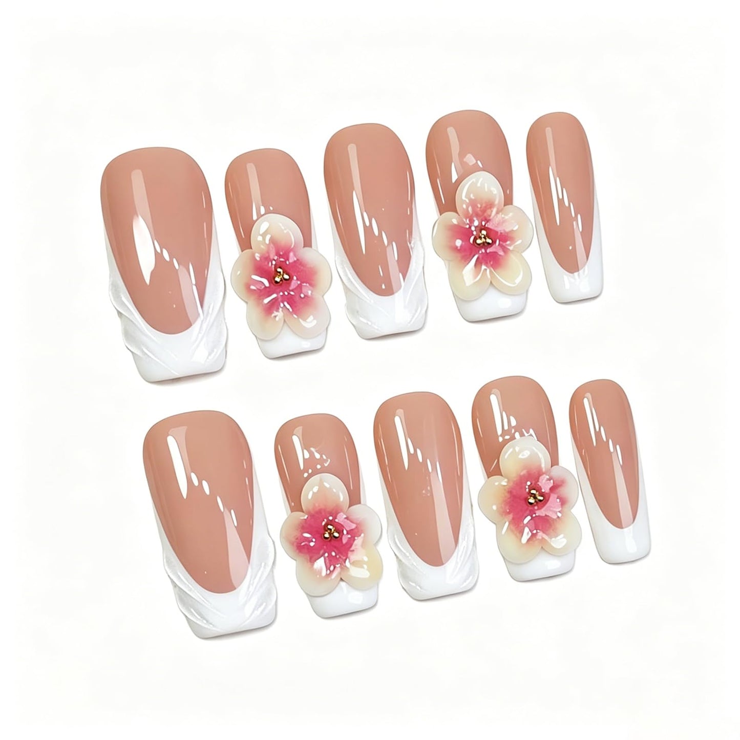 Exylixor Handmade Press on Nails Long Square - 3D Art Flower & White French Tip Fake Nails, Luxury Nude False Nails with Scalloped Wave Edge, 10 Pack for Women (Size M)