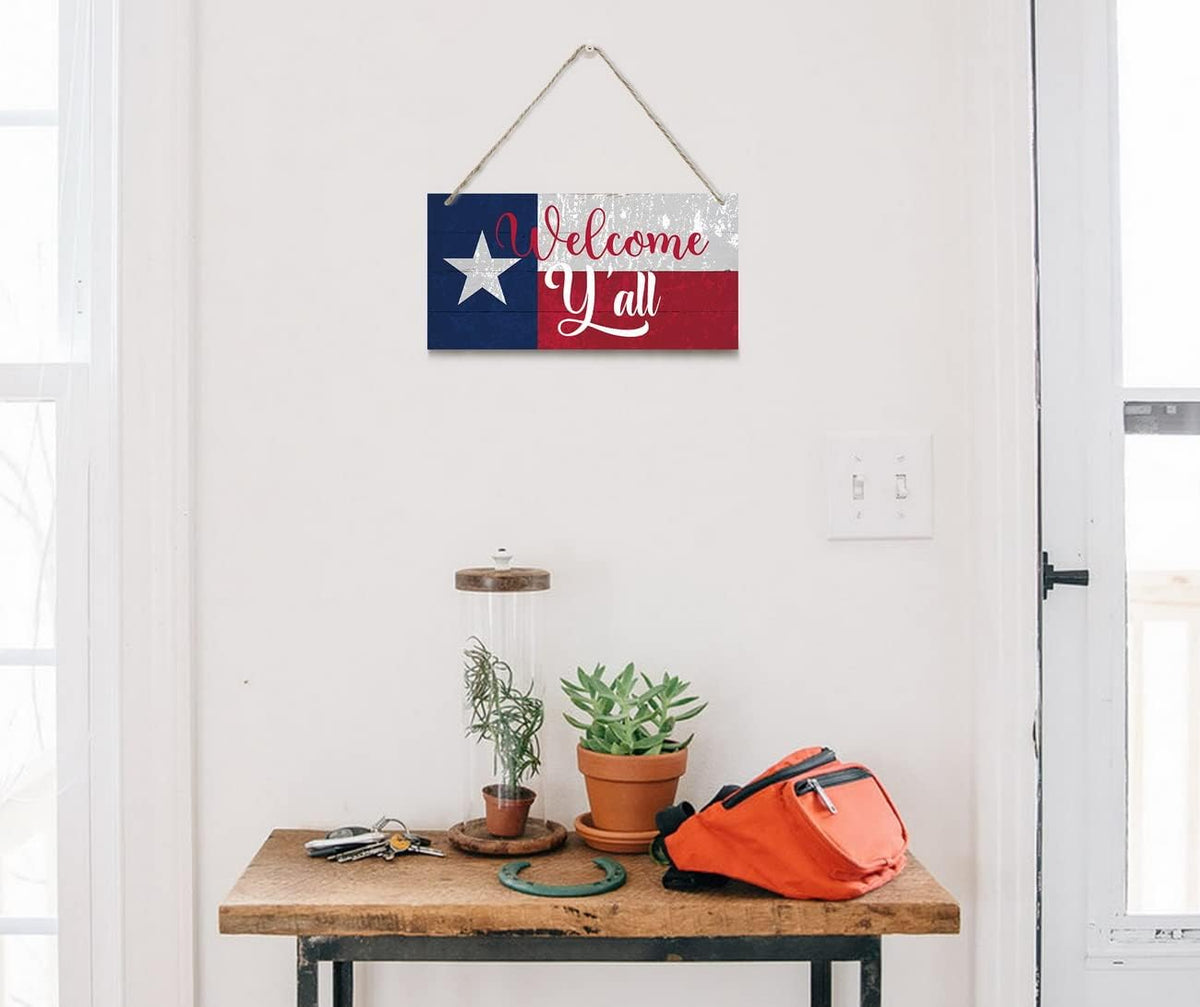 Welcome Y'all Decor Sign, Hanging Wood Sign Home Decorative, Printed Wood Wall Art Sign, Wooden Hanging Sign, Texas Flag Welcome Door Hanger, Welcome Sign for Front Door, Farmhouse Porch Decor 12*6in