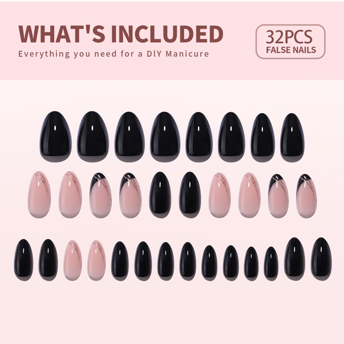 Curvlife Press On Nails Stick On Short Design Acrylic Stick On Nails Tips Glue On False Nails Kit For Women (Black gold border-gel, Medium)