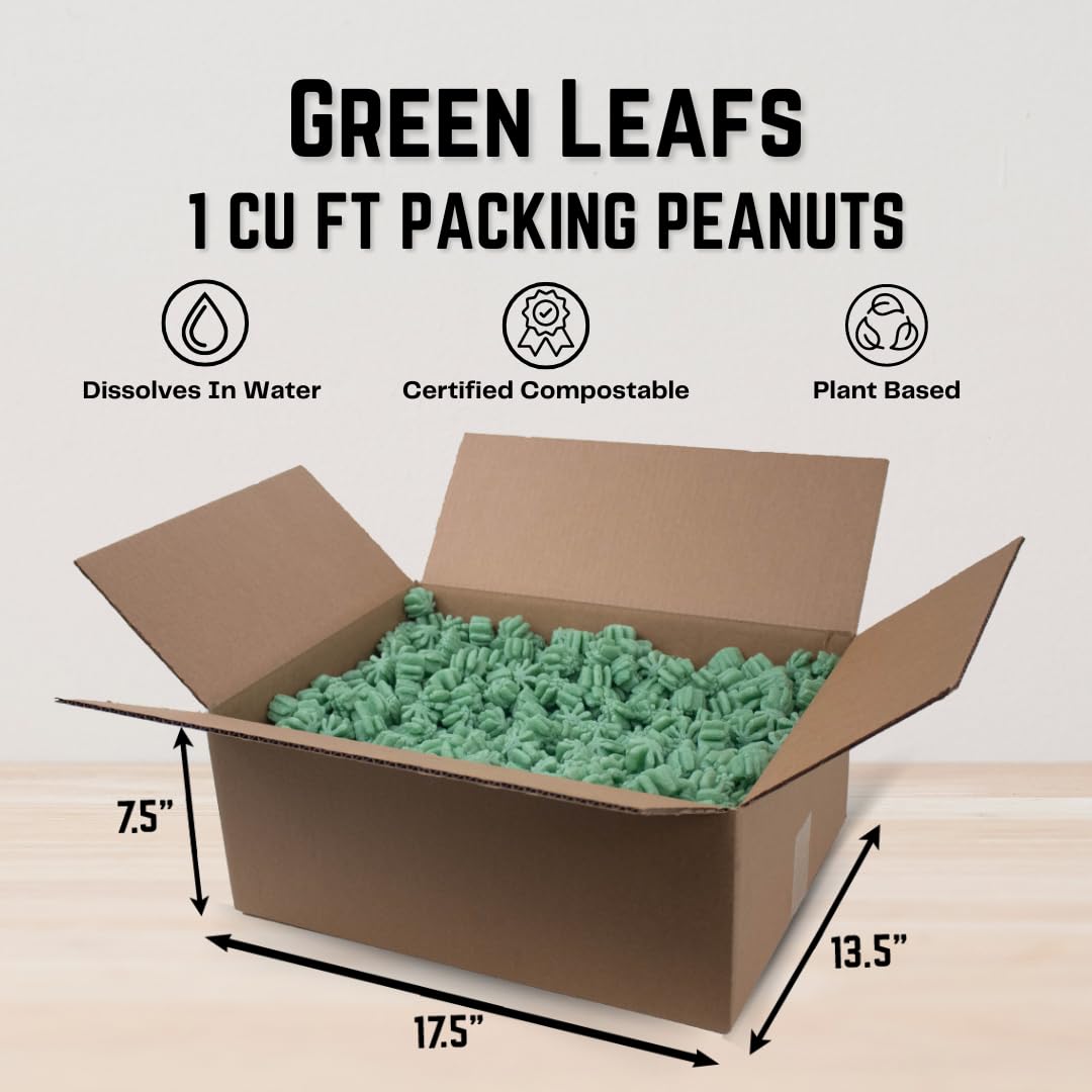 Magicwater Supply - 1 Cu Ft - Green Leaf Shaped Recycled Anti Static Packing Peanuts - Compostable & Biodegradable Cushion for Shipping - Dust-Free & Abrasion Resistant - Void Filler