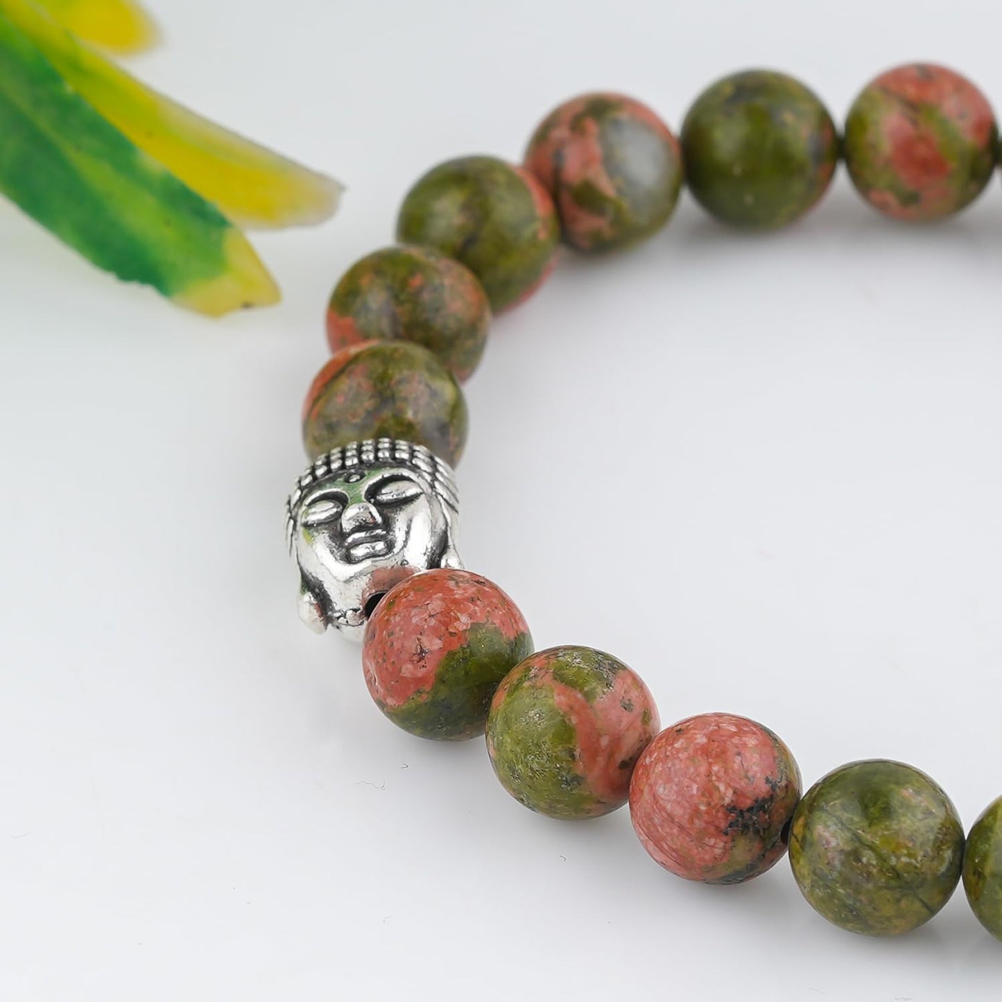 CRYSTALINES Buddha Charm Stretchable Braceclet, Natural Unakite Jasper Gemstone Beads, Plain Round Stones, Handmade Boho Strech Bracelet, Adjustable Spiritual Healing Crystal Unisex Jewelry Gift