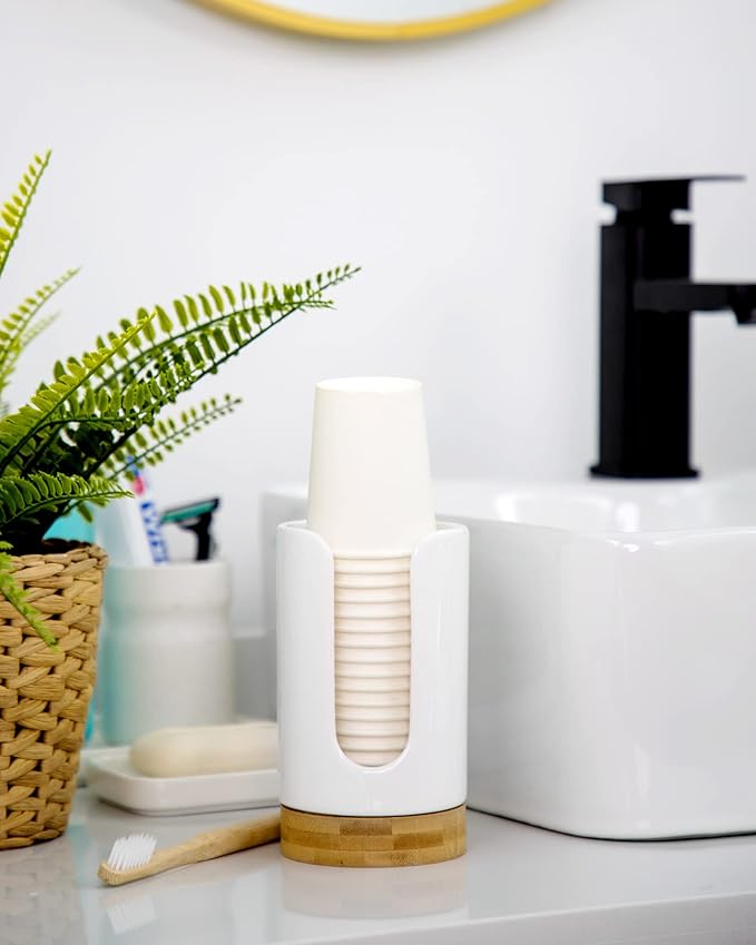 Ceramic Bathroom Cups Dispenser - 3-5 oz Disposable Paper & Plastic Bathroom Cups Holder - Mouthwash Cups Dispenser for Bathroom, Guest Toiletries, Countertop - BPA Free (White, 2 Pack)