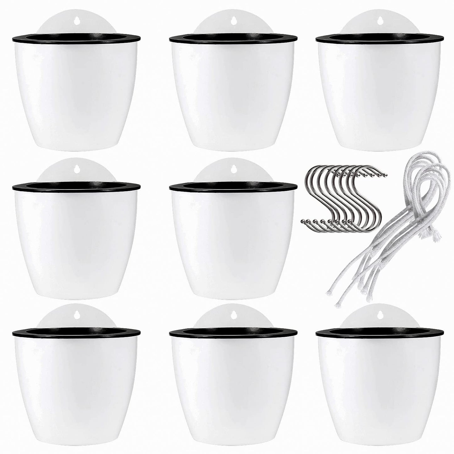 JAPCHET 8 Pack 7 Inch Self Watering Hanging Planters, Wall Hanging Plastic Planter Pot with 8 Hooks, Lazy Flower Pots for Indoor Outdoor Window Wall Plants, White