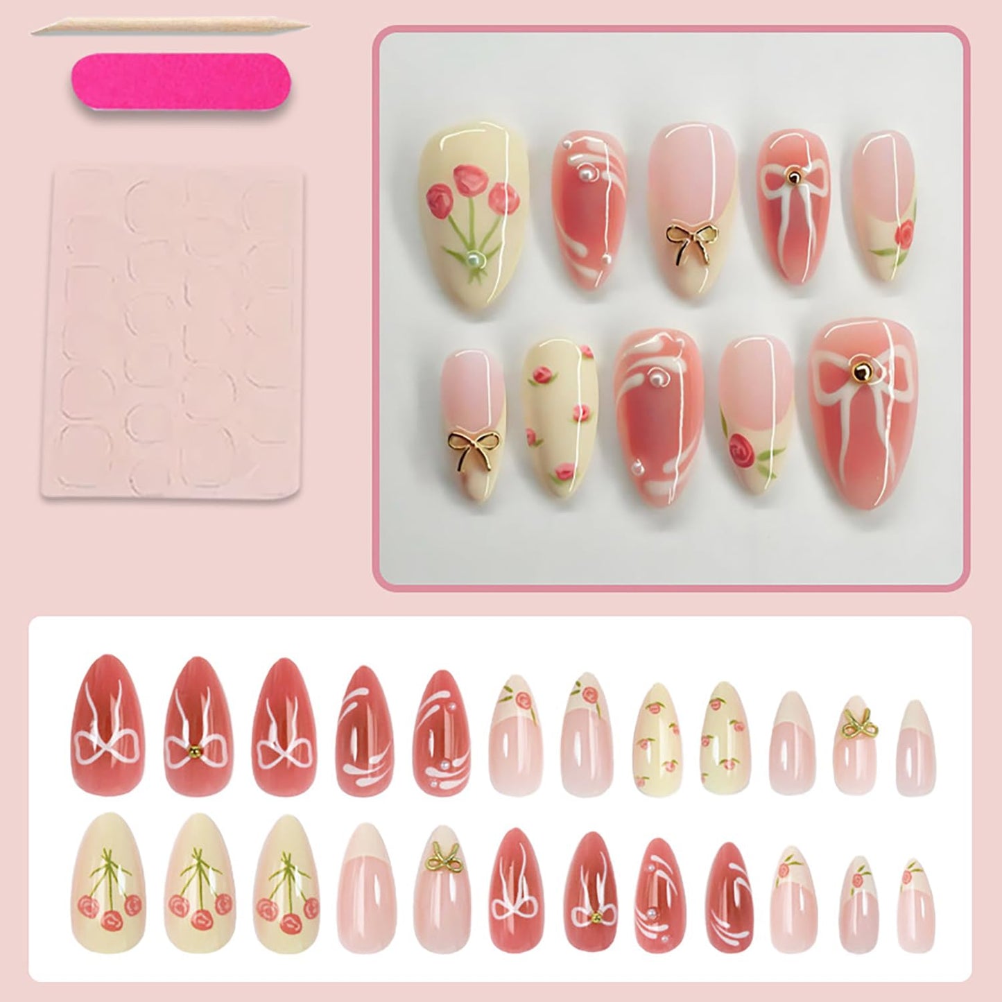 24Pcs Spring Press on Nails Medium Almond Fake Nails with 3D Bow Designs Rose Flower False Nails Reusable Bow Acrylic Nails Floral French Tip Full Cover Stick on Nails for Women