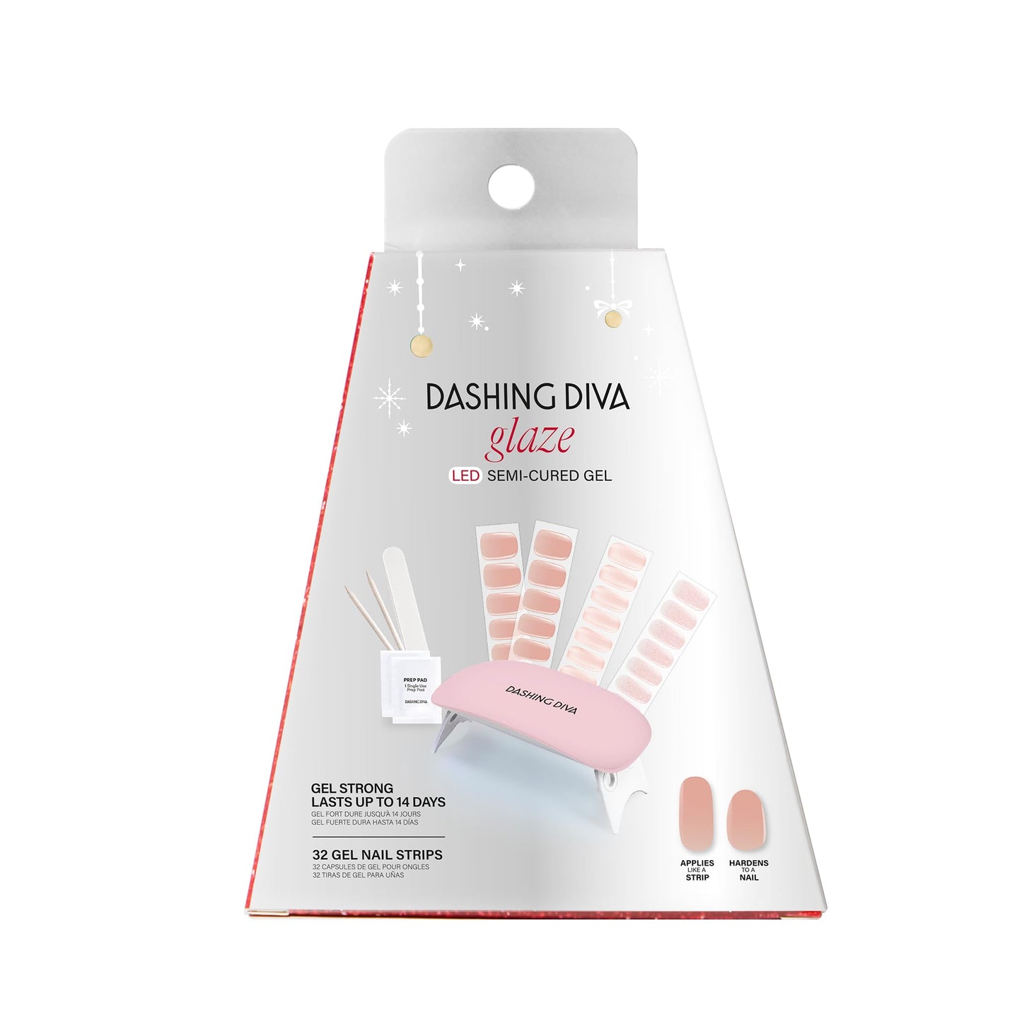 Dashing Diva Holiday Glaze Kit - Holiday Romance - Long Lasting, Chip Resistant, Semi-Cured Gel Nail Strips - 5-Piece Manicure Set with 32 Strips and Mini LED Lamp