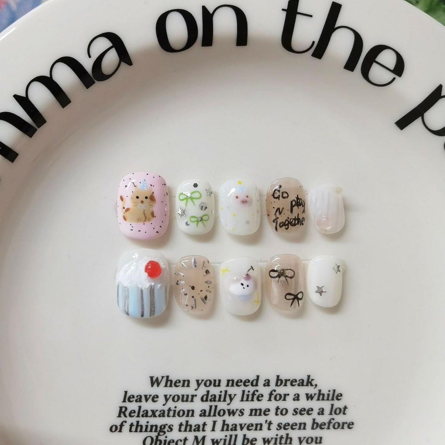 Cute Handmade Press on Nails Extra Short Square 3D Unique Reusable ABS Material Luxury Fake Nails Cat False Nails with Designs Cupcake Pig Art Glossy Glue on Nails Thick Acrylic Nails(S)