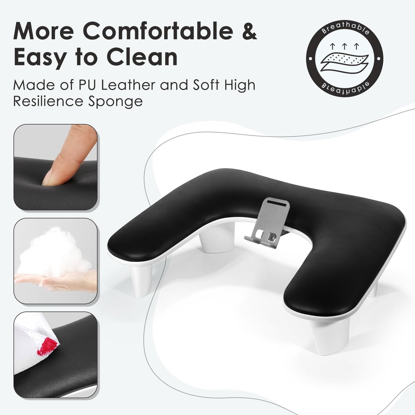 LIONVISON Arm Rest for Nails Tech: U Shaped Ergonomic Nail Hand Rest Stand PU Leather with Rotating Phone Holder for Nail Salon Manicurist (Black)