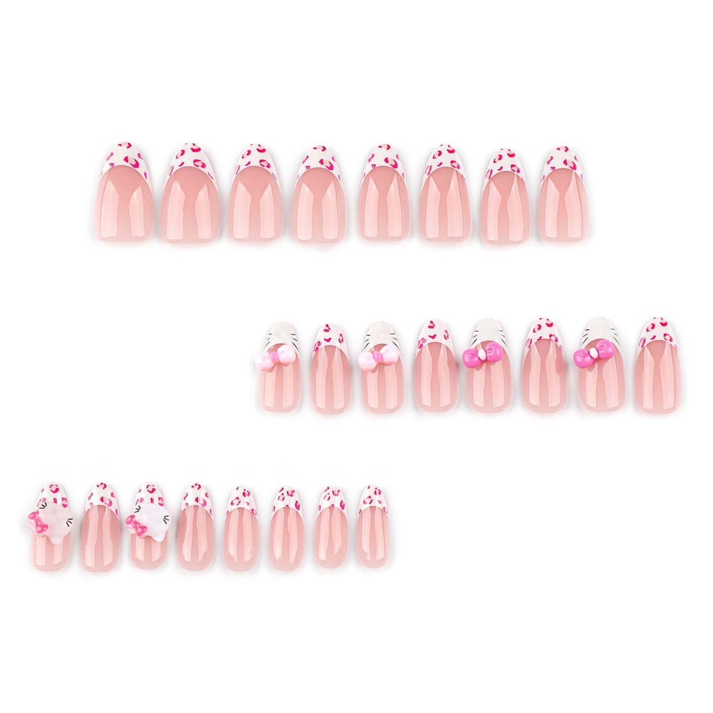 MISUD Press on Nails - Medium Almond Glue on Nails with Pink Cheetah, Acrylic Cute Cat Design 24 pcs