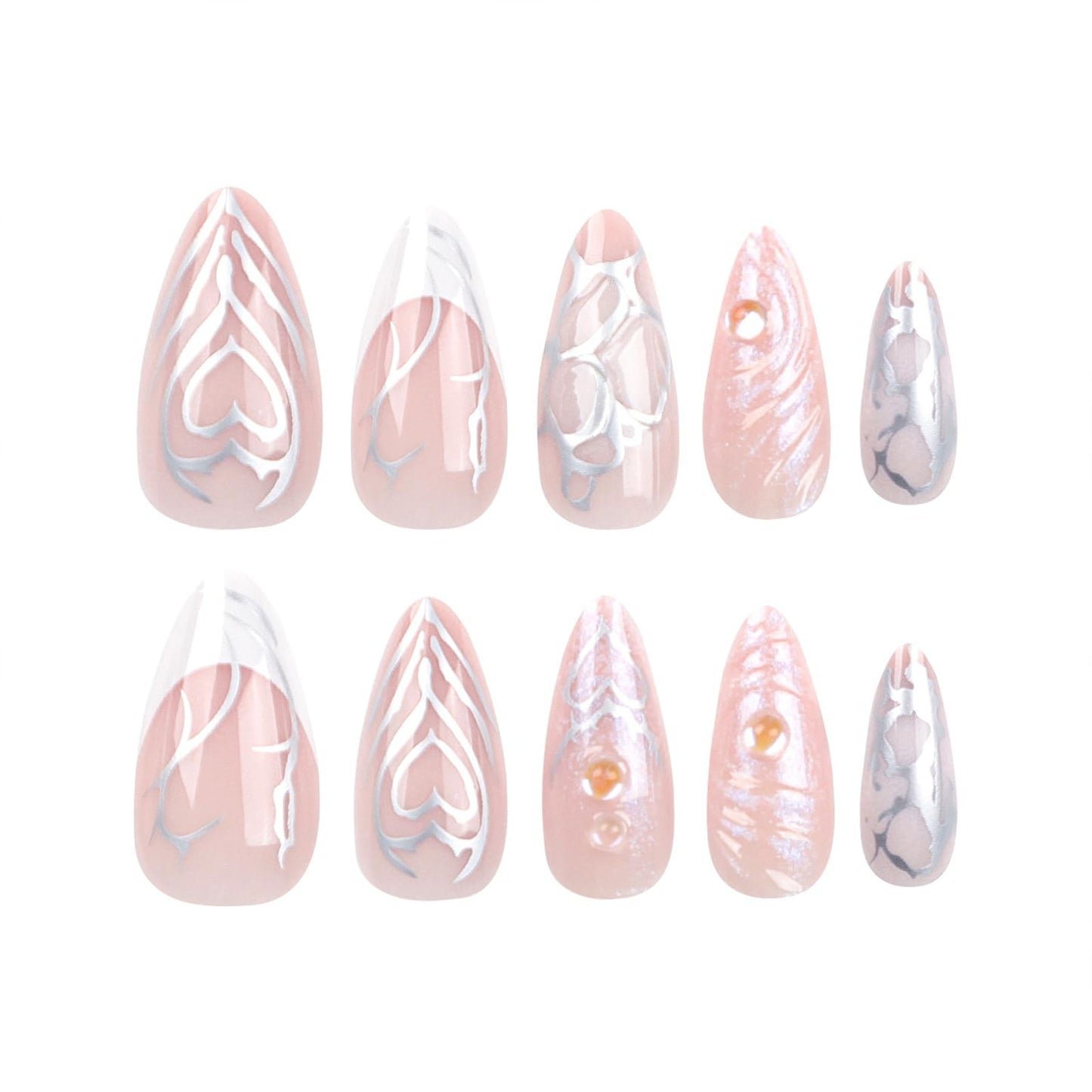 Pink Press on Nails Medium Almond Fake Nails Press ons with Design Charms French False Nails Silver Glue on Nails Cute Glossy Full Cover Acrylic Stick on Nails for Women Manicure 24Pcs