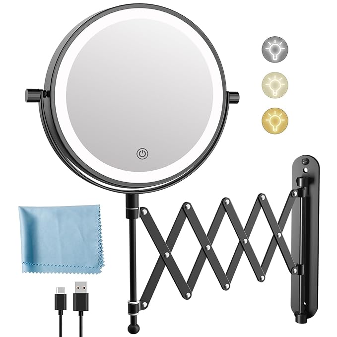 Rechargeable Wall Mounted Makeup Mirror - 8 Inch Double Sided 1X/10X Magnifying Mirror with 3 Color Lights Dimmable Touch Screen, 360°Swivel 19.6 Inch Extendable Accordion Bathroom Mirror - Black