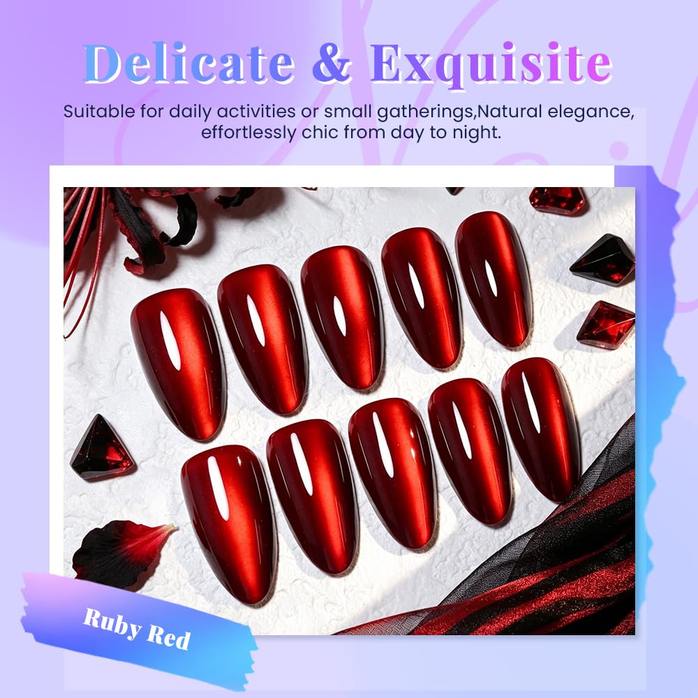 evpct Ruby Red Cat Eye Chrome Press on Nails Almond Medium with Design, Red Holographic Medium Almond Stick on Fake Nails for Women, Glossy Cat Eye Effect, Perfectly Fit Salon-quality Soft False Nail